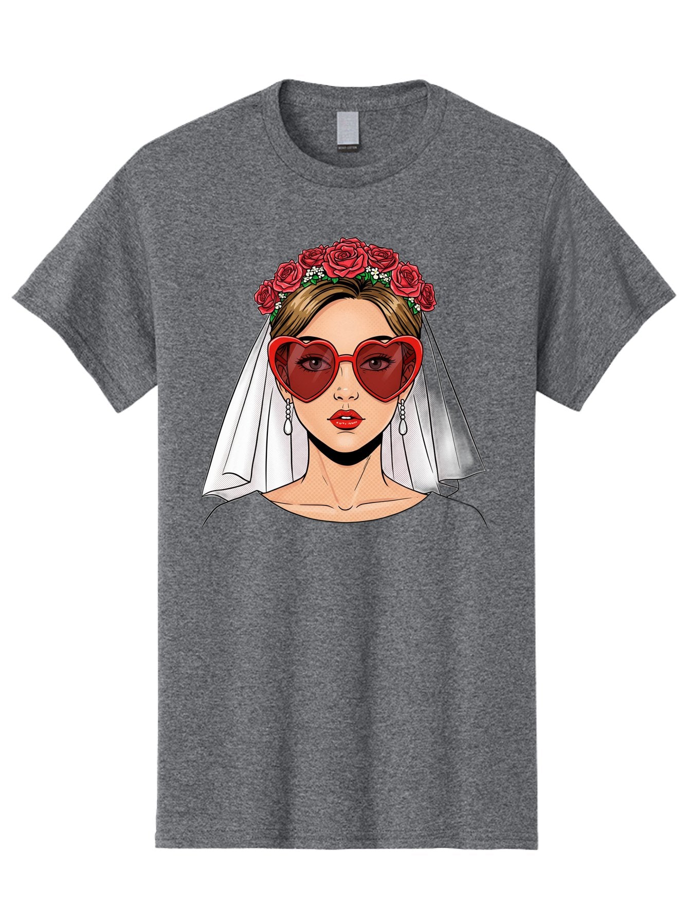 Bride-With-Heart-Shaped-Sunglasses Men'S Graphic Tee, 100% Cotton, Comfortable Casual Summer Wear, Machine Washable, Bride With Red Heart-Shaped Sunglasses, Floral Crown, White Veil, Earrings, Red Lipstick, Modern Wedding Fashion, Baa232 14