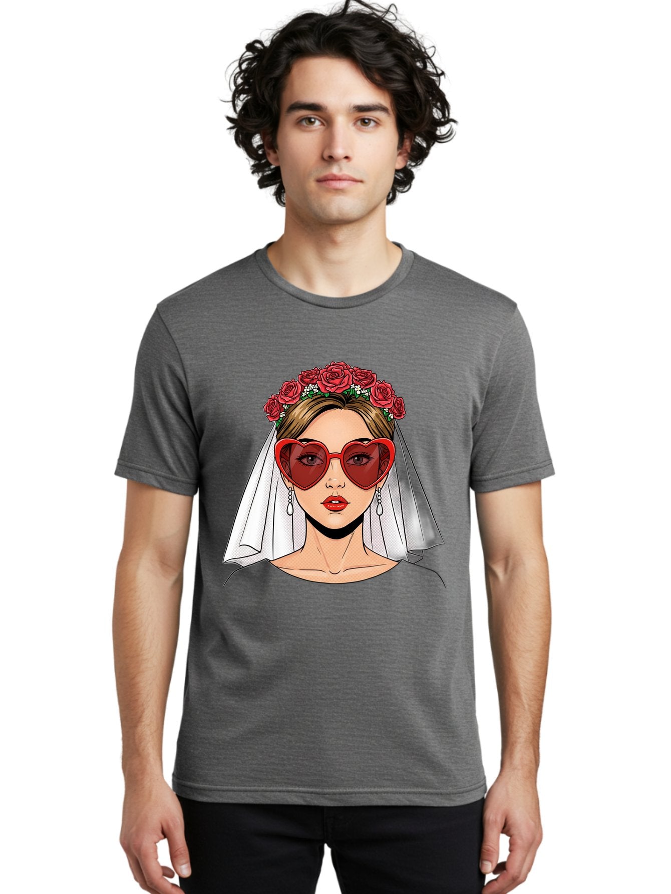 Bride-With-Heart-Shaped-Sunglasses Men'S Graphic Tee, 100% Cotton, Comfortable Casual Summer Wear, Machine Washable, Bride With Red Heart-Shaped Sunglasses, Floral Crown, White Veil, Earrings, Red Lipstick, Modern Wedding Fashion, Baa232 29