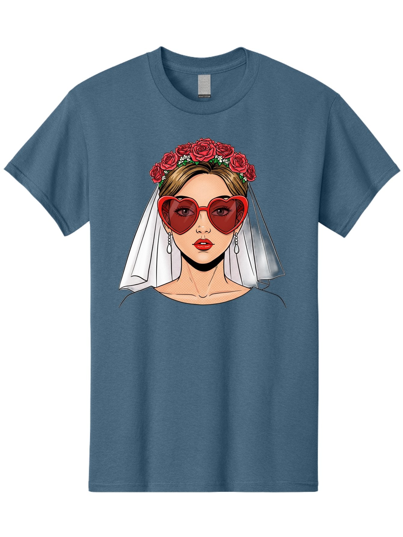 Bride-With-Heart-Shaped-Sunglasses Men'S Graphic Tee, 100% Cotton, Comfortable Casual Summer Wear, Machine Washable, Bride With Red Heart-Shaped Sunglasses, Floral Crown, White Veil, Earrings, Red Lipstick, Modern Wedding Fashion, Baa232 6