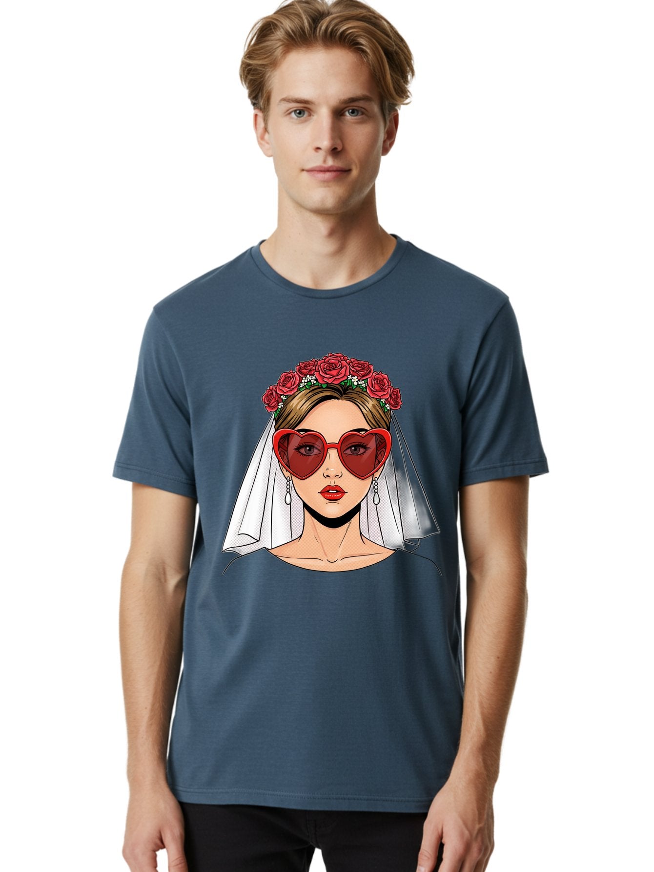 Bride-With-Heart-Shaped-Sunglasses Men'S Graphic Tee, 100% Cotton, Comfortable Casual Summer Wear, Machine Washable, Bride With Red Heart-Shaped Sunglasses, Floral Crown, White Veil, Earrings, Red Lipstick, Modern Wedding Fashion, Baa232 24
