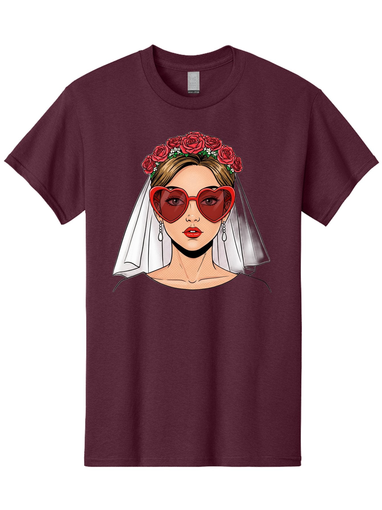 Bride-With-Heart-Shaped-Sunglasses Men'S Graphic Tee, 100% Cotton, Comfortable Casual Summer Wear, Machine Washable, Bride With Red Heart-Shaped Sunglasses, Floral Crown, White Veil, Earrings, Red Lipstick, Modern Wedding Fashion, Baa232 9
