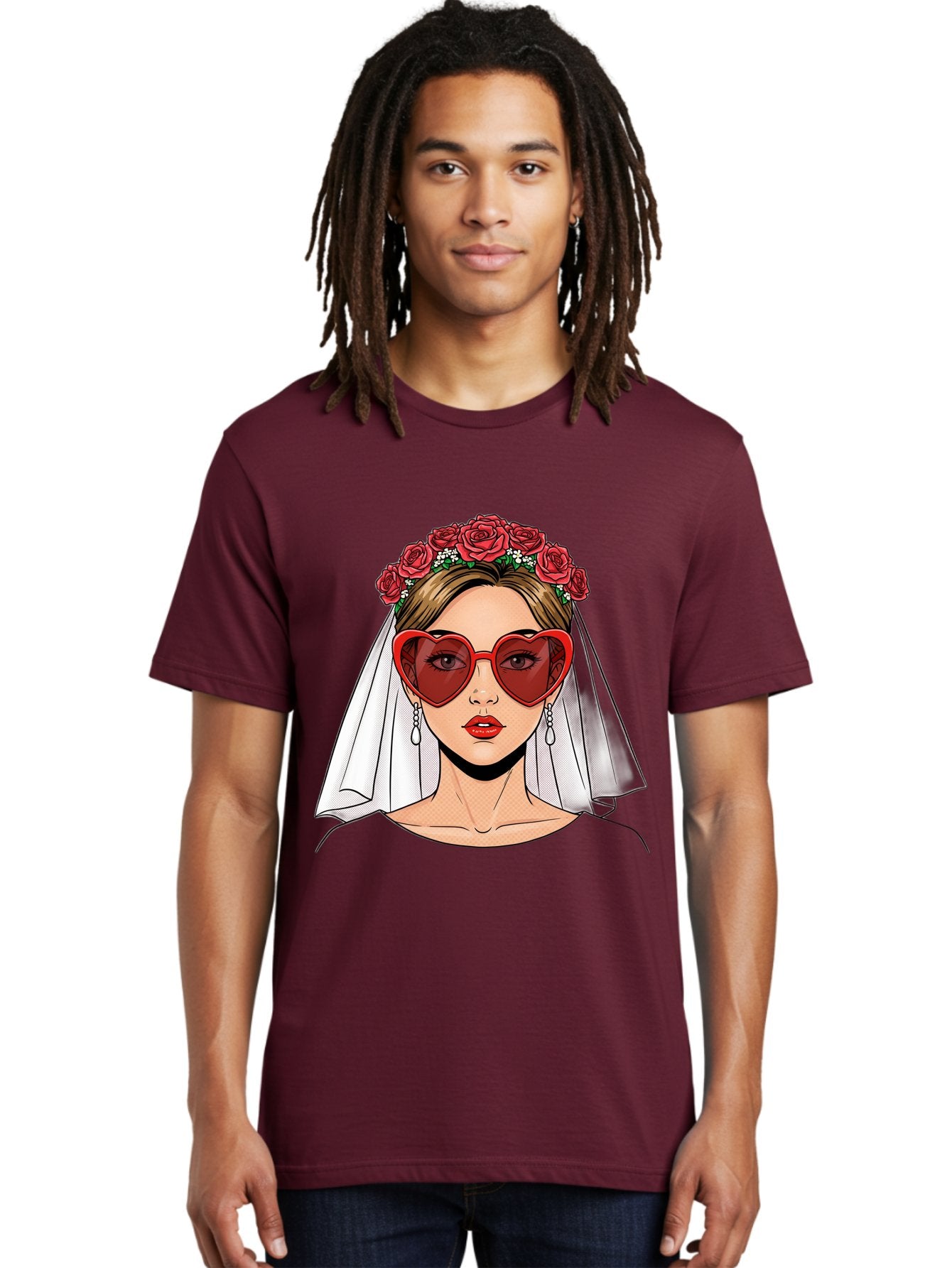 Bride-With-Heart-Shaped-Sunglasses Men'S Graphic Tee, 100% Cotton, Comfortable Casual Summer Wear, Machine Washable, Bride With Red Heart-Shaped Sunglasses, Floral Crown, White Veil, Earrings, Red Lipstick, Modern Wedding Fashion, Baa232 26
