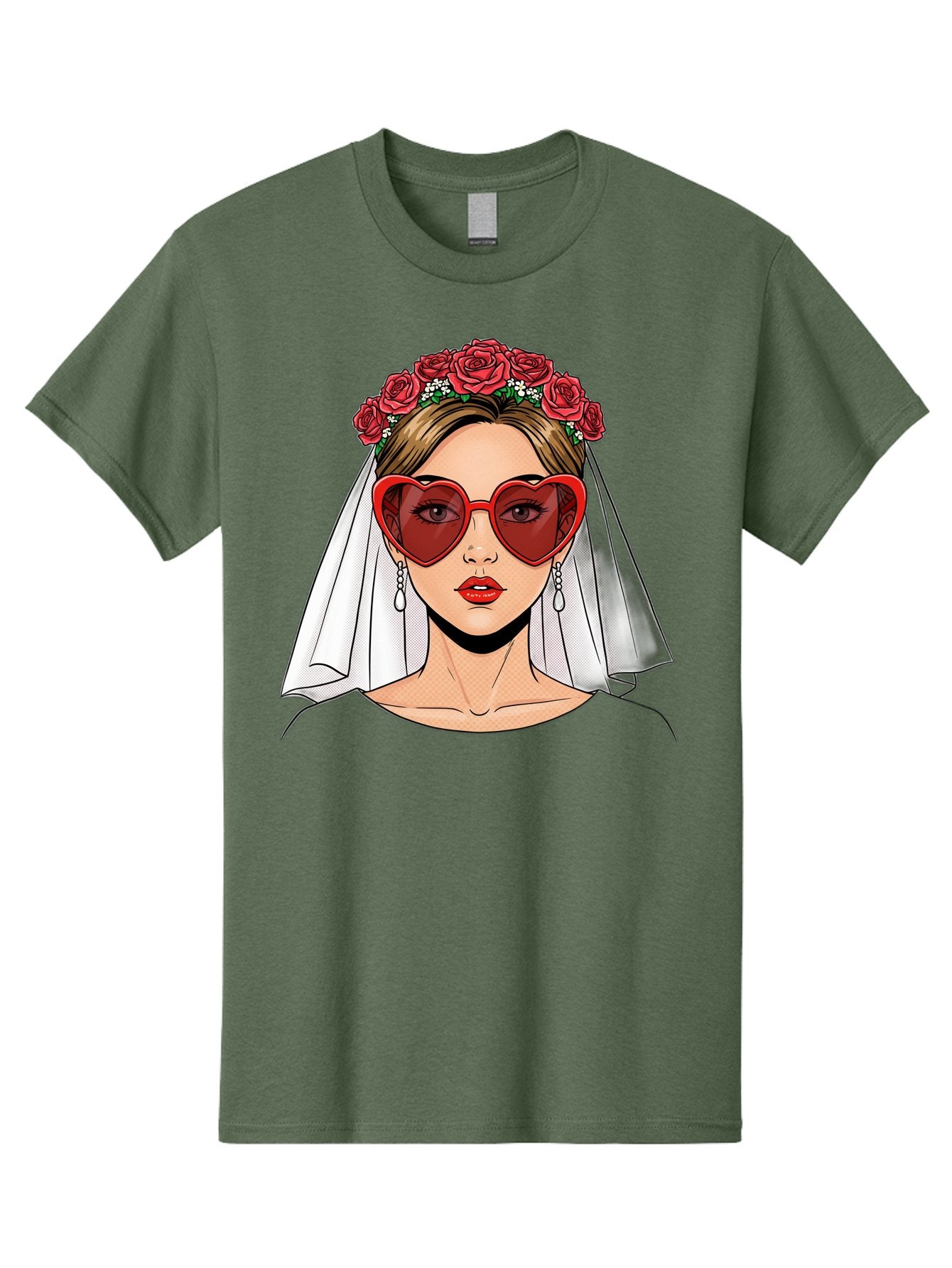 Bride-With-Heart-Shaped-Sunglasses Men'S Graphic Tee, 100% Cotton, Comfortable Casual Summer Wear, Machine Washable, Bride With Red Heart-Shaped Sunglasses, Floral Crown, White Veil, Earrings, Red Lipstick, Modern Wedding Fashion, Baa232