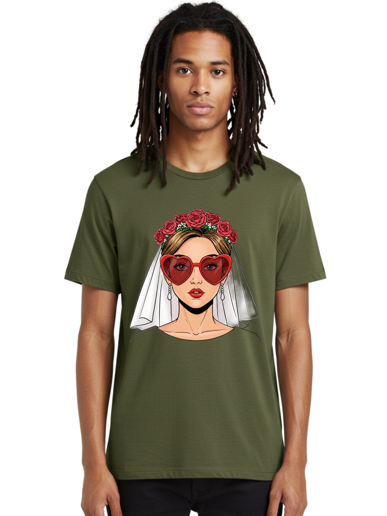 Bride-With-Heart-Shaped-Sunglasses Men'S Graphic Tee, 100% Cotton, Comfortable Casual Summer Wear, Machine Washable, Bride With Red Heart-Shaped Sunglasses, Floral Crown, White Veil, Earrings, Red Lipstick, Modern Wedding Fashion, Baa232 19