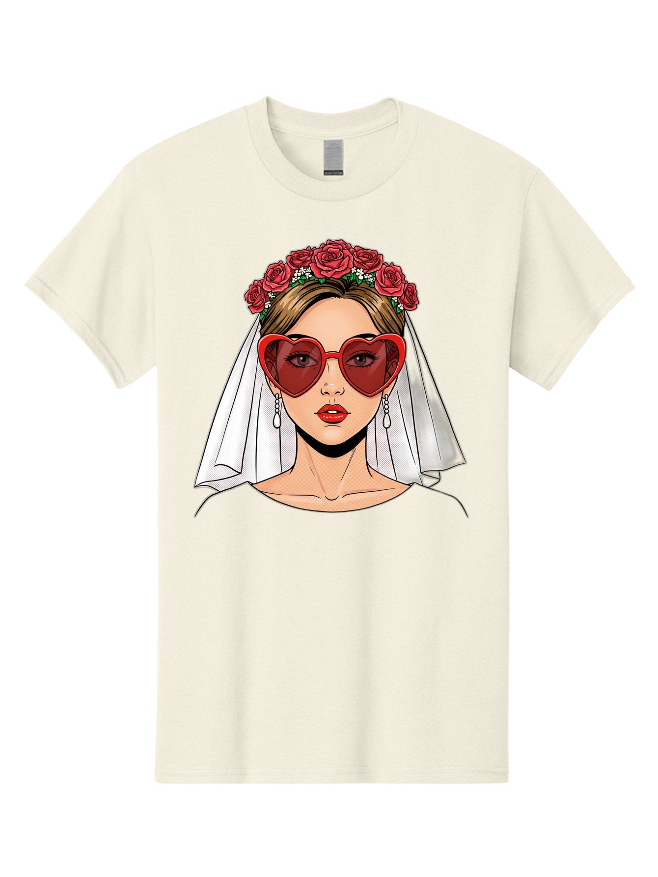 Bride-With-Heart-Shaped-Sunglasses Men'S Graphic Tee, 100% Cotton, Comfortable Casual Summer Wear, Machine Washable, Bride With Red Heart-Shaped Sunglasses, Floral Crown, White Veil, Earrings, Red Lipstick, Modern Wedding Fashion, Baa232