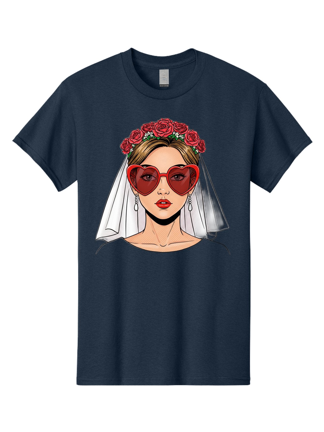 Bride-With-Heart-Shaped-Sunglasses Men'S Graphic Tee, 100% Cotton, Comfortable Casual Summer Wear, Machine Washable, Bride With Red Heart-Shaped Sunglasses, Floral Crown, White Veil, Earrings, Red Lipstick, Modern Wedding Fashion, Baa232 10