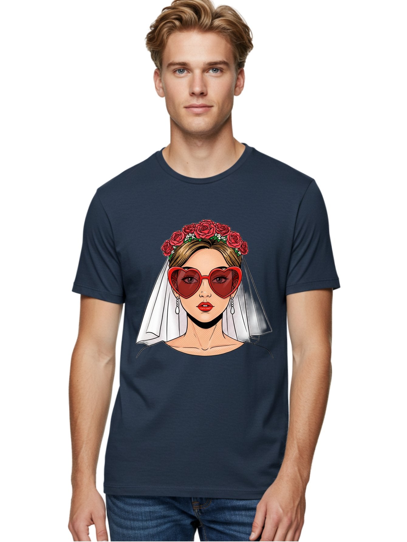 Bride-With-Heart-Shaped-Sunglasses Men'S Graphic Tee, 100% Cotton, Comfortable Casual Summer Wear, Machine Washable, Bride With Red Heart-Shaped Sunglasses, Floral Crown, White Veil, Earrings, Red Lipstick, Modern Wedding Fashion, Baa232 17