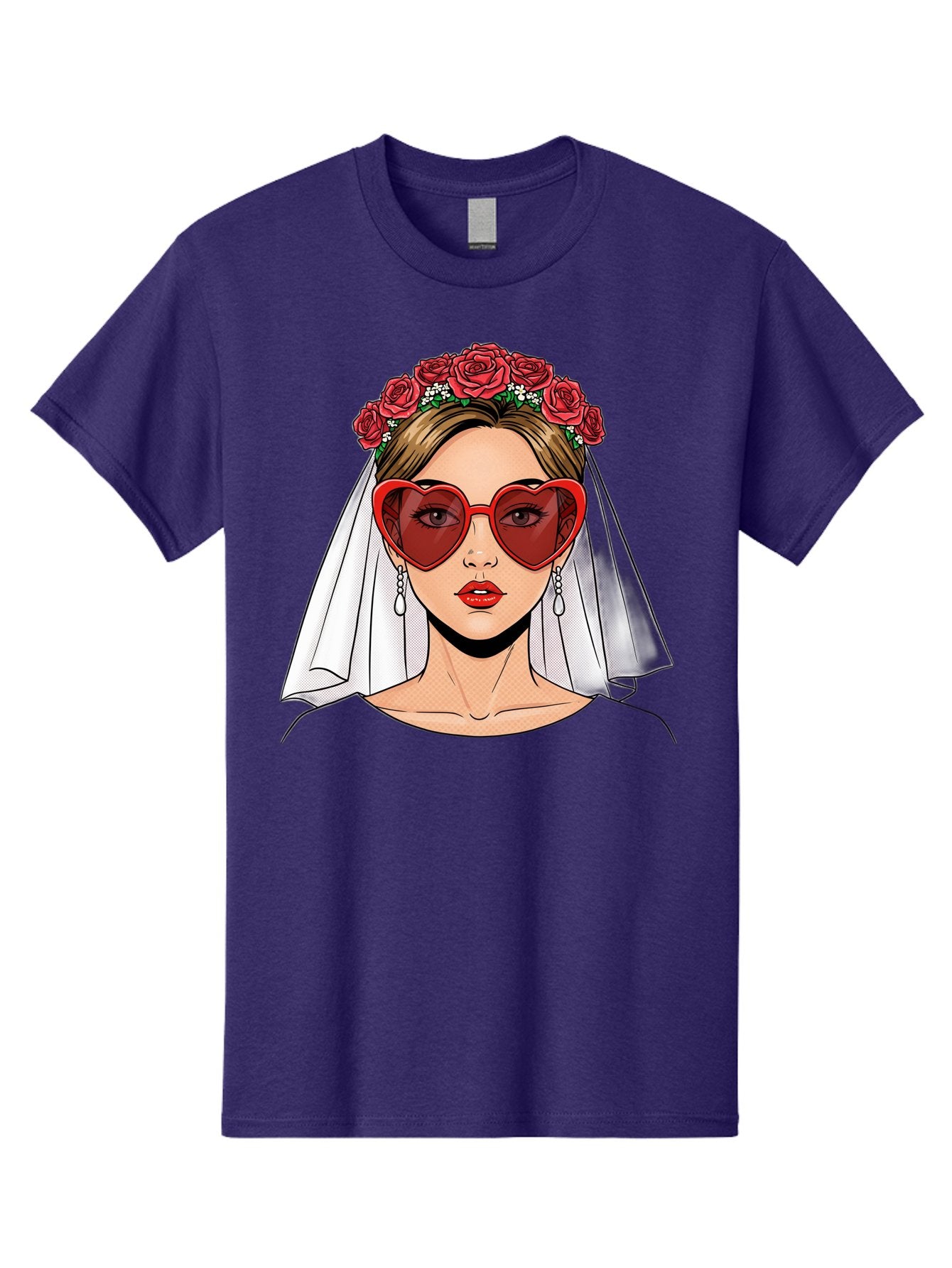 Bride-With-Heart-Shaped-Sunglasses Men'S Graphic Tee, 100% Cotton, Comfortable Casual Summer Wear, Machine Washable, Bride With Red Heart-Shaped Sunglasses, Floral Crown, White Veil, Earrings, Red Lipstick, Modern Wedding Fashion, Baa232 3