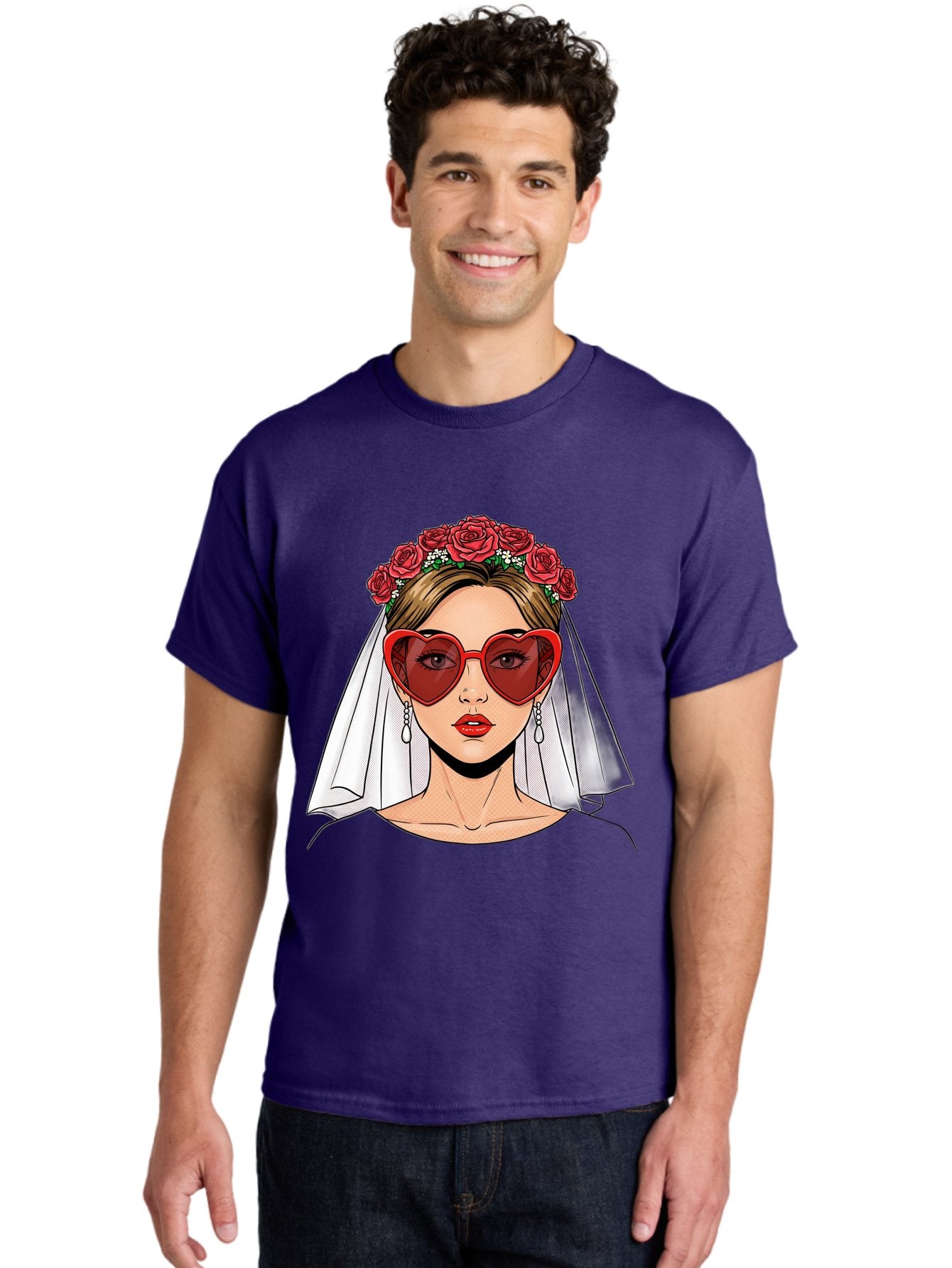 Bride-With-Heart-Shaped-Sunglasses Men'S Graphic Tee, 100% Cotton, Comfortable Casual Summer Wear, Machine Washable, Bride With Red Heart-Shaped Sunglasses, Floral Crown, White Veil, Earrings, Red Lipstick, Modern Wedding Fashion, Baa232 22