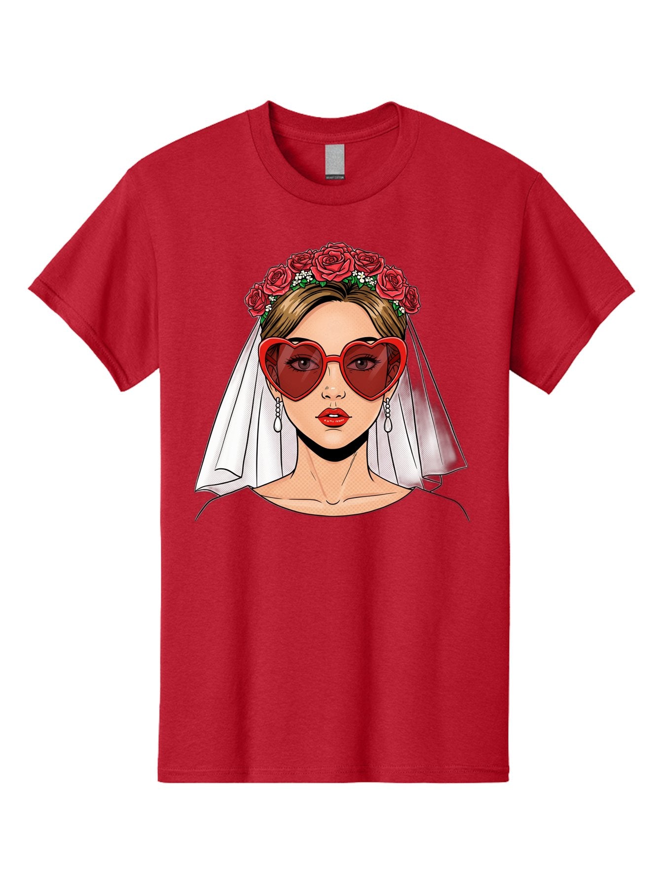 Bride-With-Heart-Shaped-Sunglasses Men'S Graphic Tee, 100% Cotton, Comfortable Casual Summer Wear, Machine Washable, Bride With Red Heart-Shaped Sunglasses, Floral Crown, White Veil, Earrings, Red Lipstick, Modern Wedding Fashion, Baa232 5