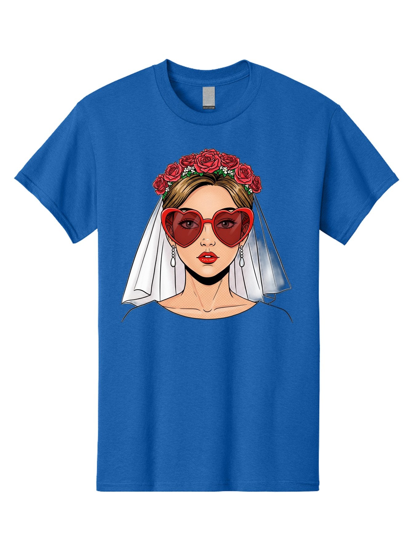 Bride-With-Heart-Shaped-Sunglasses Men'S Graphic Tee, 100% Cotton, Comfortable Casual Summer Wear, Machine Washable, Bride With Red Heart-Shaped Sunglasses, Floral Crown, White Veil, Earrings, Red Lipstick, Modern Wedding Fashion, Baa232 7
