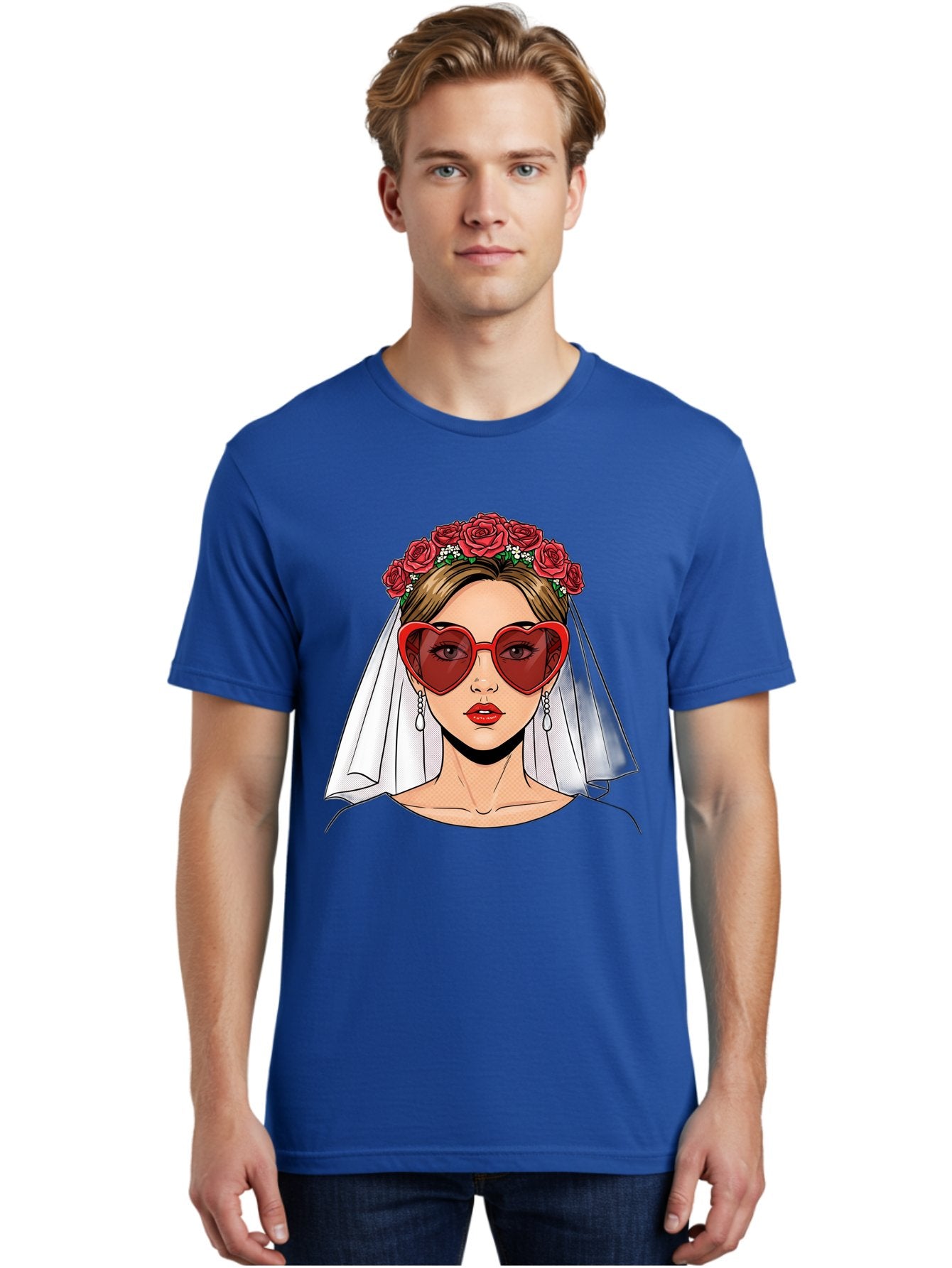 Bride-With-Heart-Shaped-Sunglasses Men'S Graphic Tee, 100% Cotton, Comfortable Casual Summer Wear, Machine Washable, Bride With Red Heart-Shaped Sunglasses, Floral Crown, White Veil, Earrings, Red Lipstick, Modern Wedding Fashion, Baa232 16