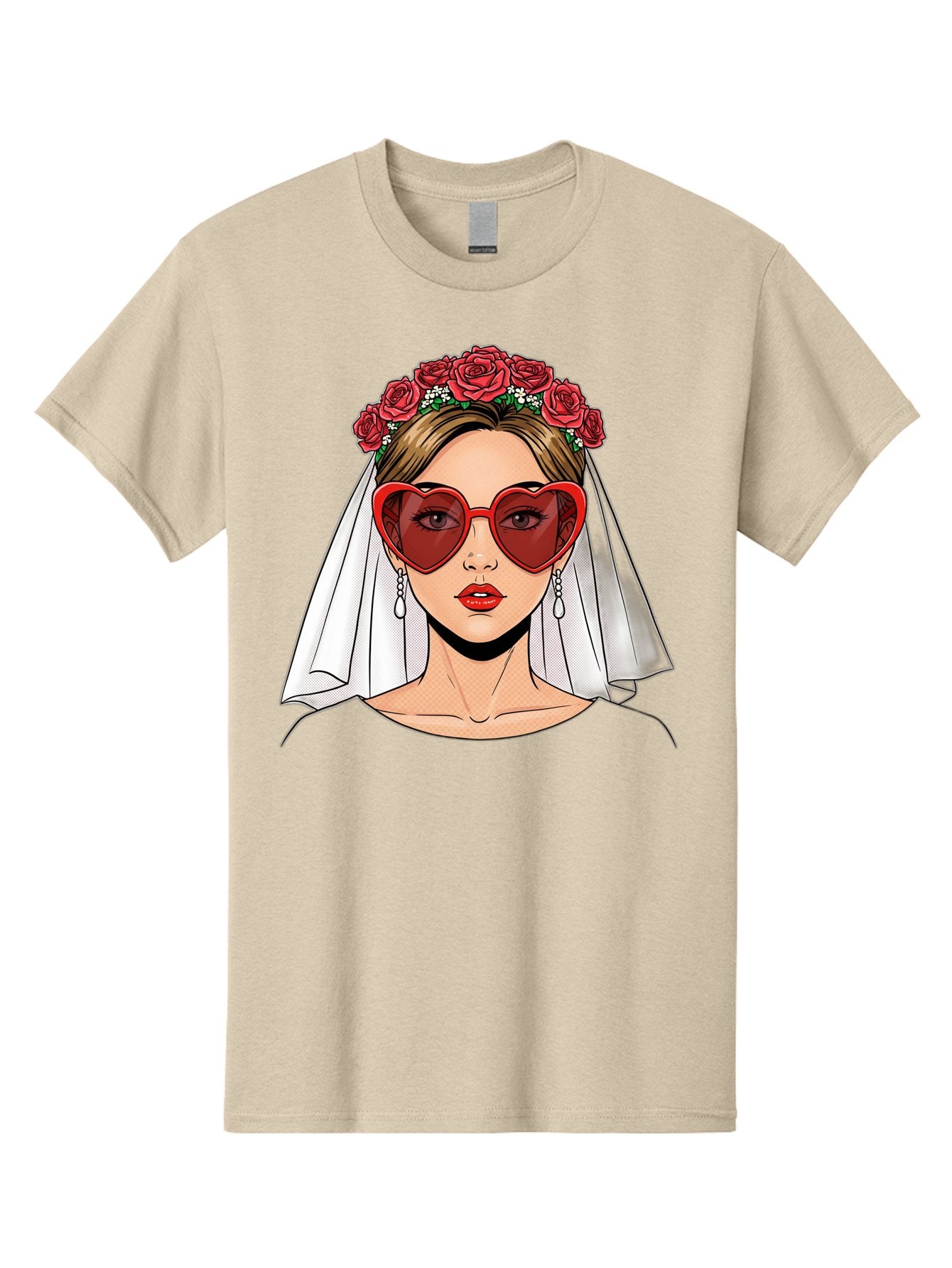 Bride-With-Heart-Shaped-Sunglasses Men'S Graphic Tee, 100% Cotton, Comfortable Casual Summer Wear, Machine Washable, Bride With Red Heart-Shaped Sunglasses, Floral Crown, White Veil, Earrings, Red Lipstick, Modern Wedding Fashion, Baa232 13
