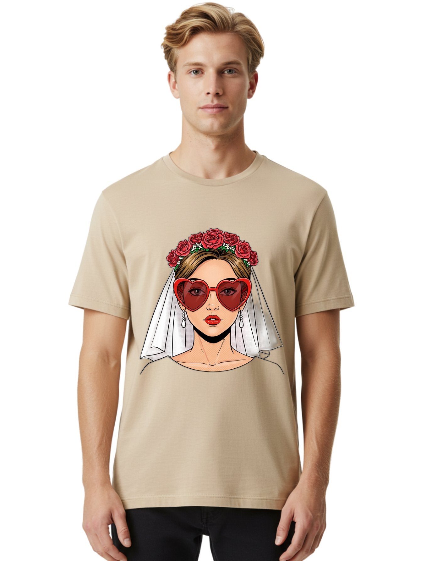 Bride-With-Heart-Shaped-Sunglasses Men'S Graphic Tee, 100% Cotton, Comfortable Casual Summer Wear, Machine Washable, Bride With Red Heart-Shaped Sunglasses, Floral Crown, White Veil, Earrings, Red Lipstick, Modern Wedding Fashion, Baa232 20