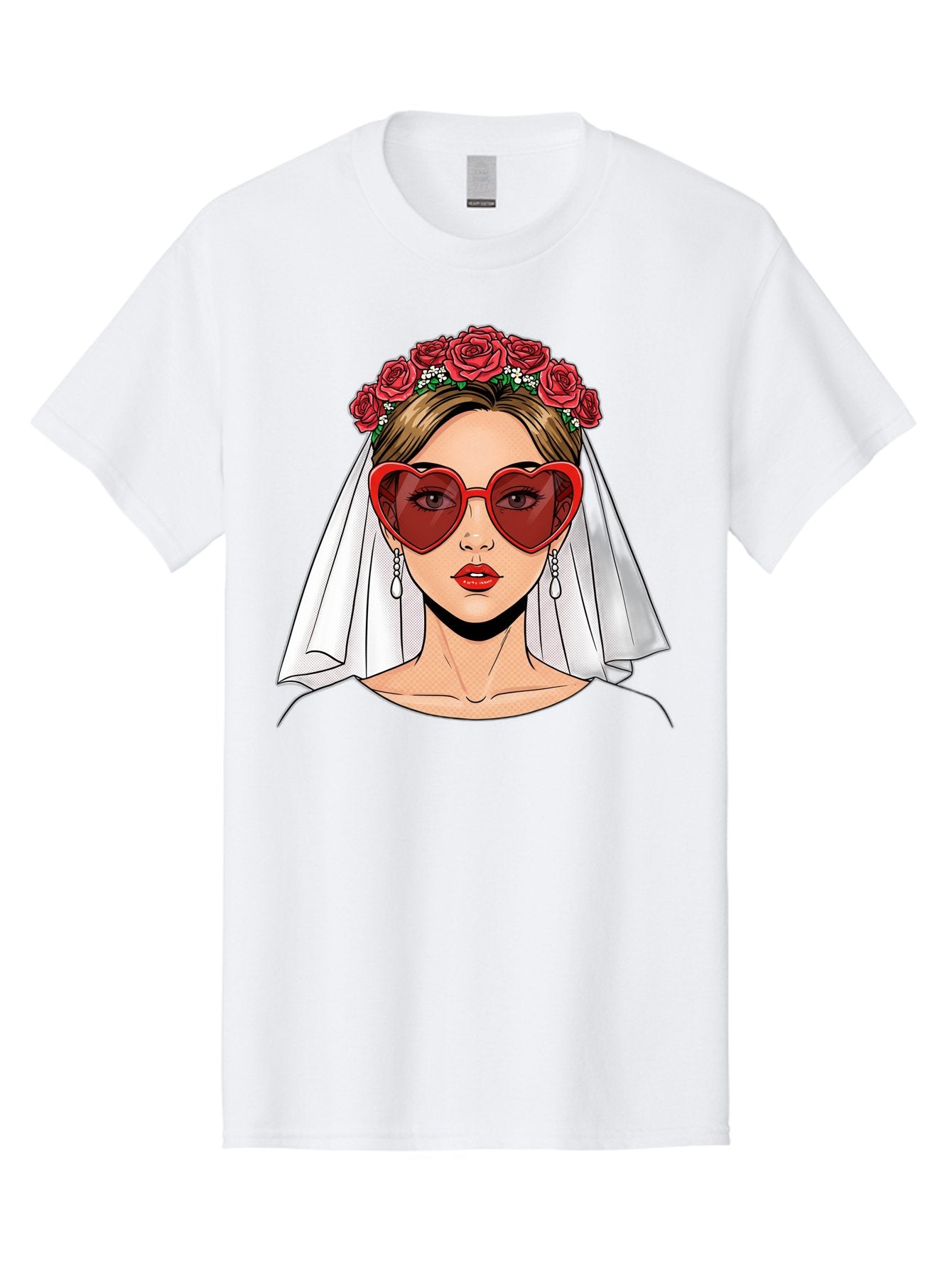Bride-With-Heart-Shaped-Sunglasses Men'S Graphic Tee, 100% Cotton, Comfortable Casual Summer Wear, Machine Washable, Bride With Red Heart-Shaped Sunglasses, Floral Crown, White Veil, Earrings, Red Lipstick, Modern Wedding Fashion, Baa232 11