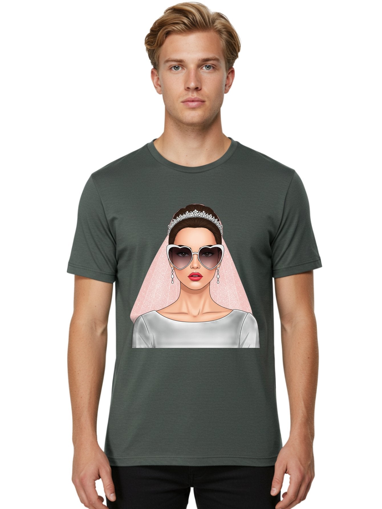 Bride-With-Sunglasses Men'S Graphic Tee, 100% Cotton, Comfortable Casual Summer Wear, Machine Washable, Bride In Sunglasses, Wedding Fashion, Stylish Wedding Attire, Heart-Shaped Sunglasses, Elegant Wedding Look, Trendy Bridal Style, Baa233 16
