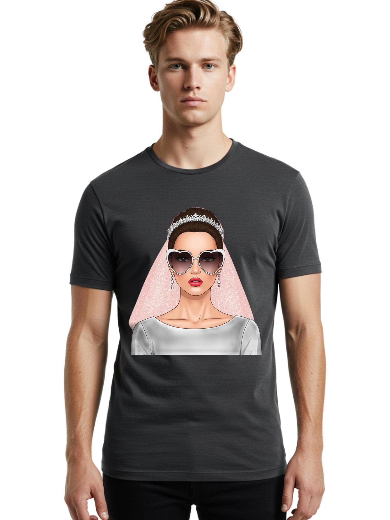 Bride-With-Sunglasses Men'S Graphic Tee, 100% Cotton, Comfortable Casual Summer Wear, Machine Washable, Bride In Sunglasses, Wedding Fashion, Stylish Wedding Attire, Heart-Shaped Sunglasses, Elegant Wedding Look, Trendy Bridal Style, Baa233 25