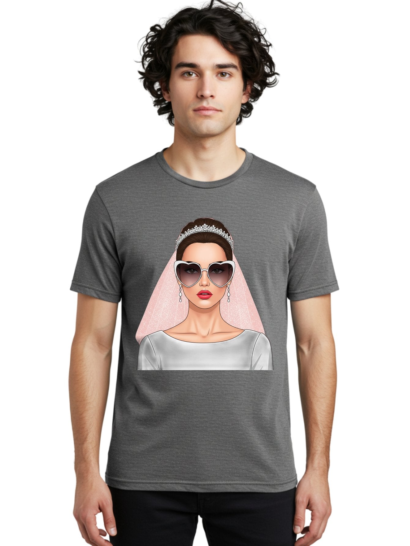 Bride-With-Sunglasses Men'S Graphic Tee, 100% Cotton, Comfortable Casual Summer Wear, Machine Washable, Bride In Sunglasses, Wedding Fashion, Stylish Wedding Attire, Heart-Shaped Sunglasses, Elegant Wedding Look, Trendy Bridal Style, Baa233 24