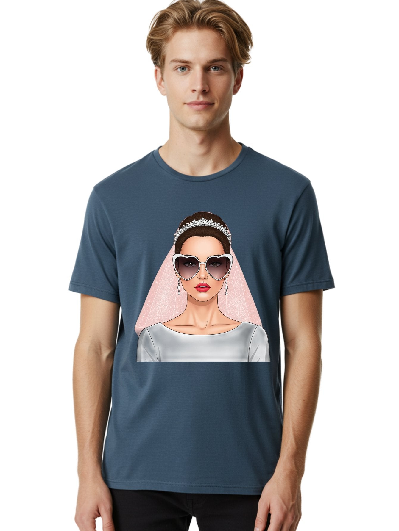 Bride-With-Sunglasses Men'S Graphic Tee, 100% Cotton, Comfortable Casual Summer Wear, Machine Washable, Bride In Sunglasses, Wedding Fashion, Stylish Wedding Attire, Heart-Shaped Sunglasses, Elegant Wedding Look, Trendy Bridal Style, Baa233 17