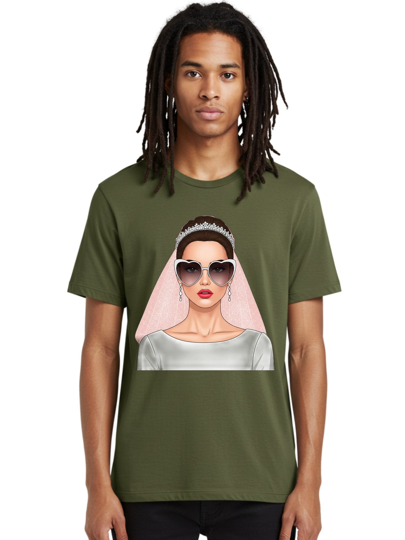 Bride-With-Sunglasses Men'S Graphic Tee, 100% Cotton, Comfortable Casual Summer Wear, Machine Washable, Bride In Sunglasses, Wedding Fashion, Stylish Wedding Attire, Heart-Shaped Sunglasses, Elegant Wedding Look, Trendy Bridal Style, Baa233 22