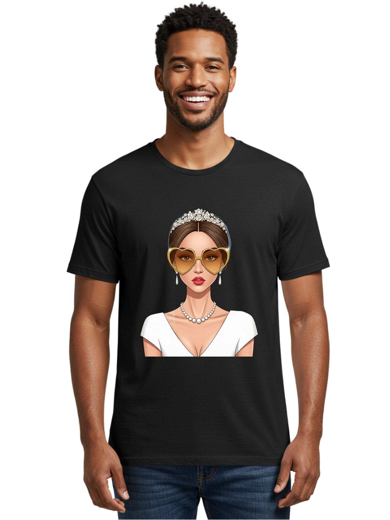 Bride Men'S Graphic Tee, 100% Cotton, Comfortable Casual Summer Wear, Machine Washable, Bride Avatar, White Wedding Dress, Heart-Shaped Sunglasses, Pearl Necklace, Elegant Attire, Glamorous Accessories, Fashionable Design, Luxury Style, Baa234 20