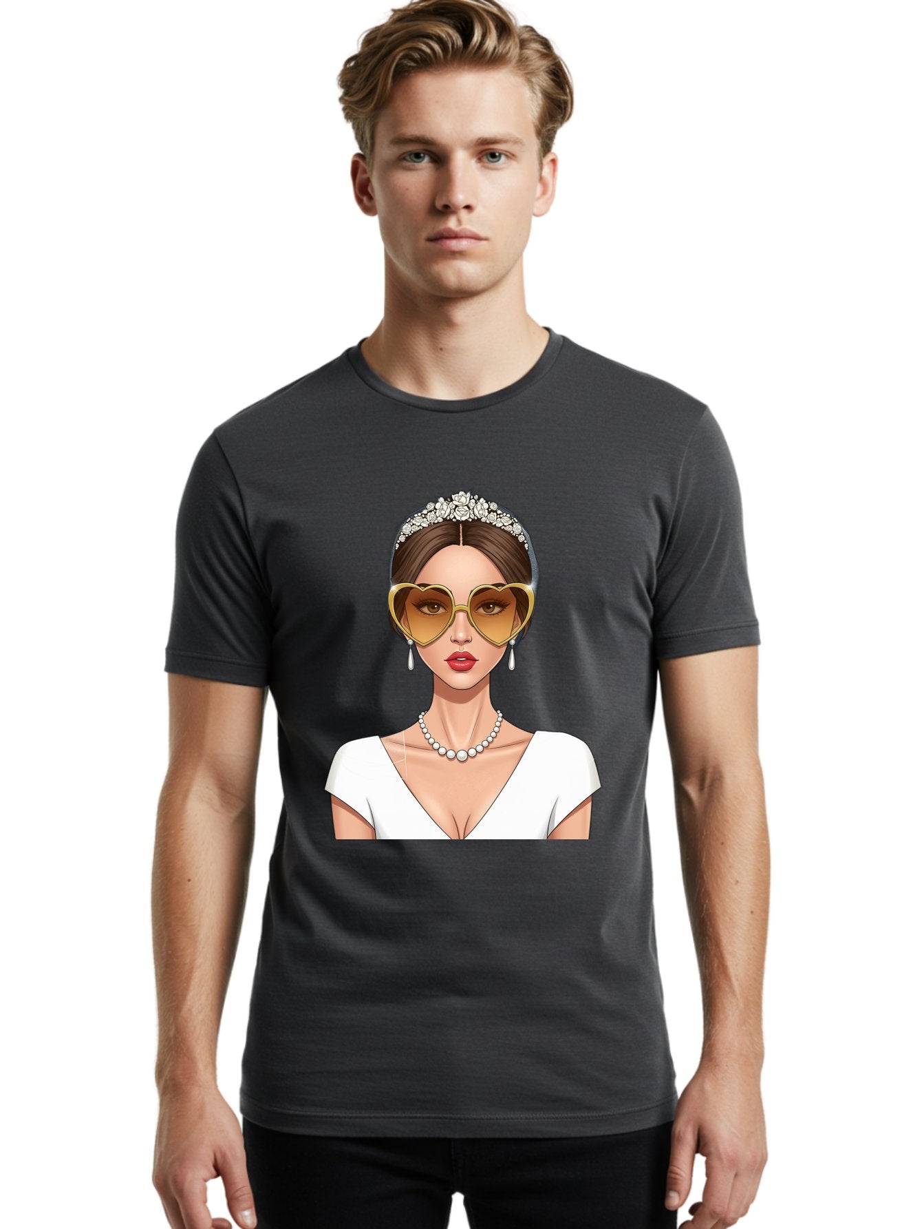 Bride Men'S Graphic Tee, 100% Cotton, Comfortable Casual Summer Wear, Machine Washable, Bride Avatar, White Wedding Dress, Heart-Shaped Sunglasses, Pearl Necklace, Elegant Attire, Glamorous Accessories, Fashionable Design, Luxury Style, Baa234 25
