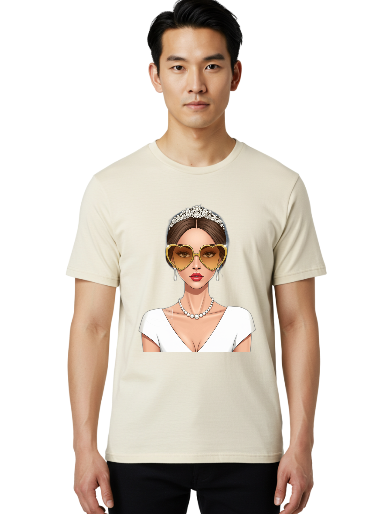Bride Men'S Graphic Tee, 100% Cotton, Comfortable Casual Summer Wear, Machine Washable, Bride Avatar, White Wedding Dress, Heart-Shaped Sunglasses, Pearl Necklace, Elegant Attire, Glamorous Accessories, Fashionable Design, Luxury Style, Baa234 14
