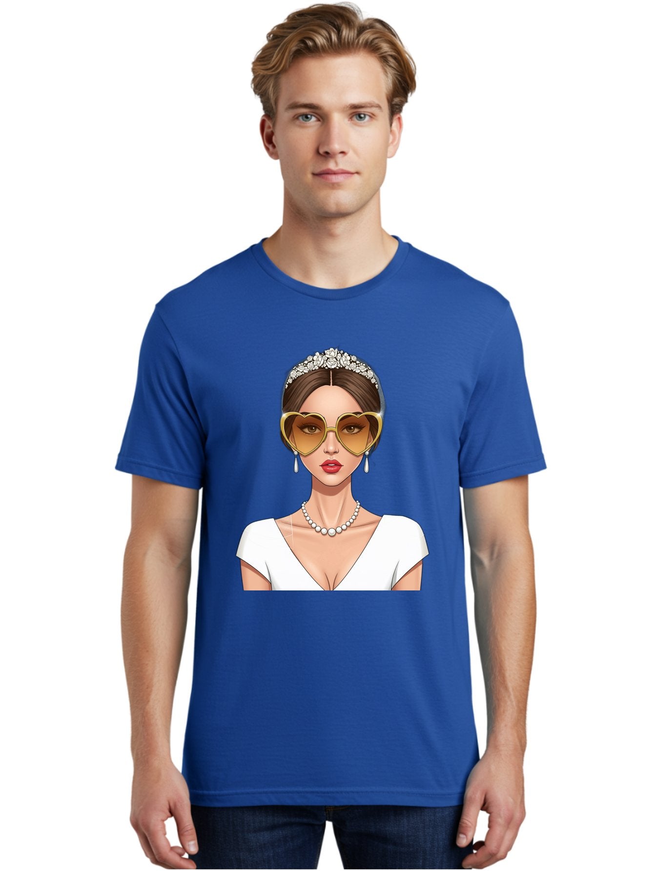 Bride Men'S Graphic Tee, 100% Cotton, Comfortable Casual Summer Wear, Machine Washable, Bride Avatar, White Wedding Dress, Heart-Shaped Sunglasses, Pearl Necklace, Elegant Attire, Glamorous Accessories, Fashionable Design, Luxury Style, Baa234 19
