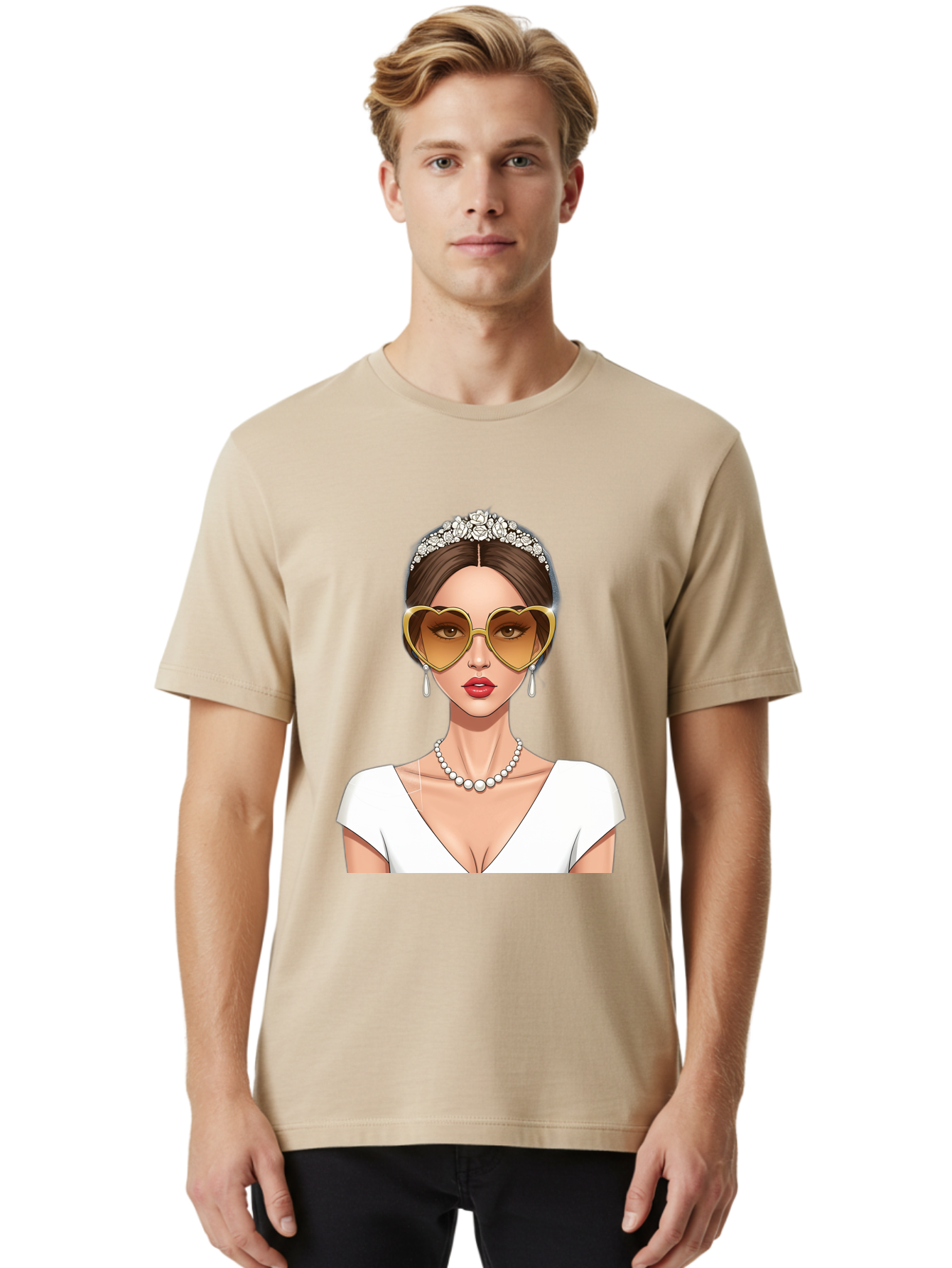 Bride Men'S Graphic Tee, 100% Cotton, Comfortable Casual Summer Wear, Machine Washable, Bride Avatar, White Wedding Dress, Heart-Shaped Sunglasses, Pearl Necklace, Elegant Attire, Glamorous Accessories, Fashionable Design, Luxury Style, Baa234 8