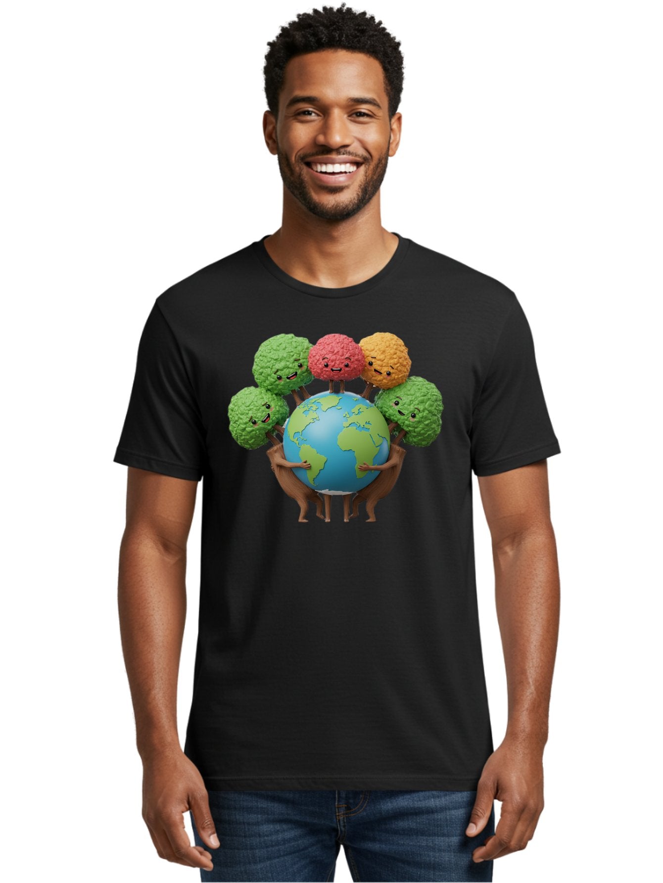 Broccoli-Earth Men'S Graphic Tee, 100% Cotton, Comfortable Casual Summer Wear, Machine Washable, Broccoli Characters, Diverse Vegetables, Happy Faces, Global Unity, Earth Support, Environmental Care, Cartoon Style, Green Earth, Varied Colors Baa235 17