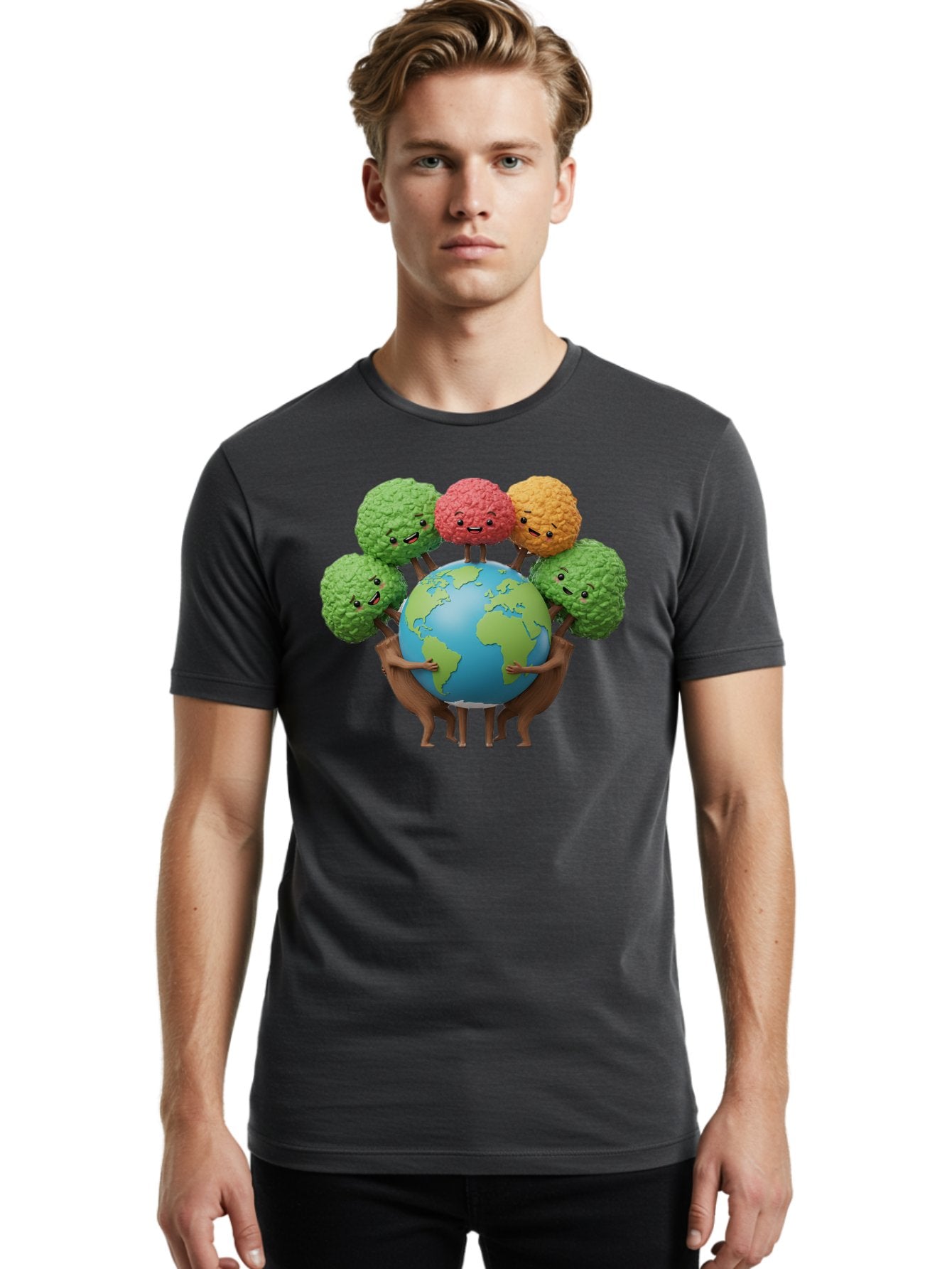 Broccoli-Earth Men'S Graphic Tee, 100% Cotton, Comfortable Casual Summer Wear, Machine Washable, Broccoli Characters, Diverse Vegetables, Happy Faces, Global Unity, Earth Support, Environmental Care, Cartoon Style, Green Earth, Varied Colors Baa235 28