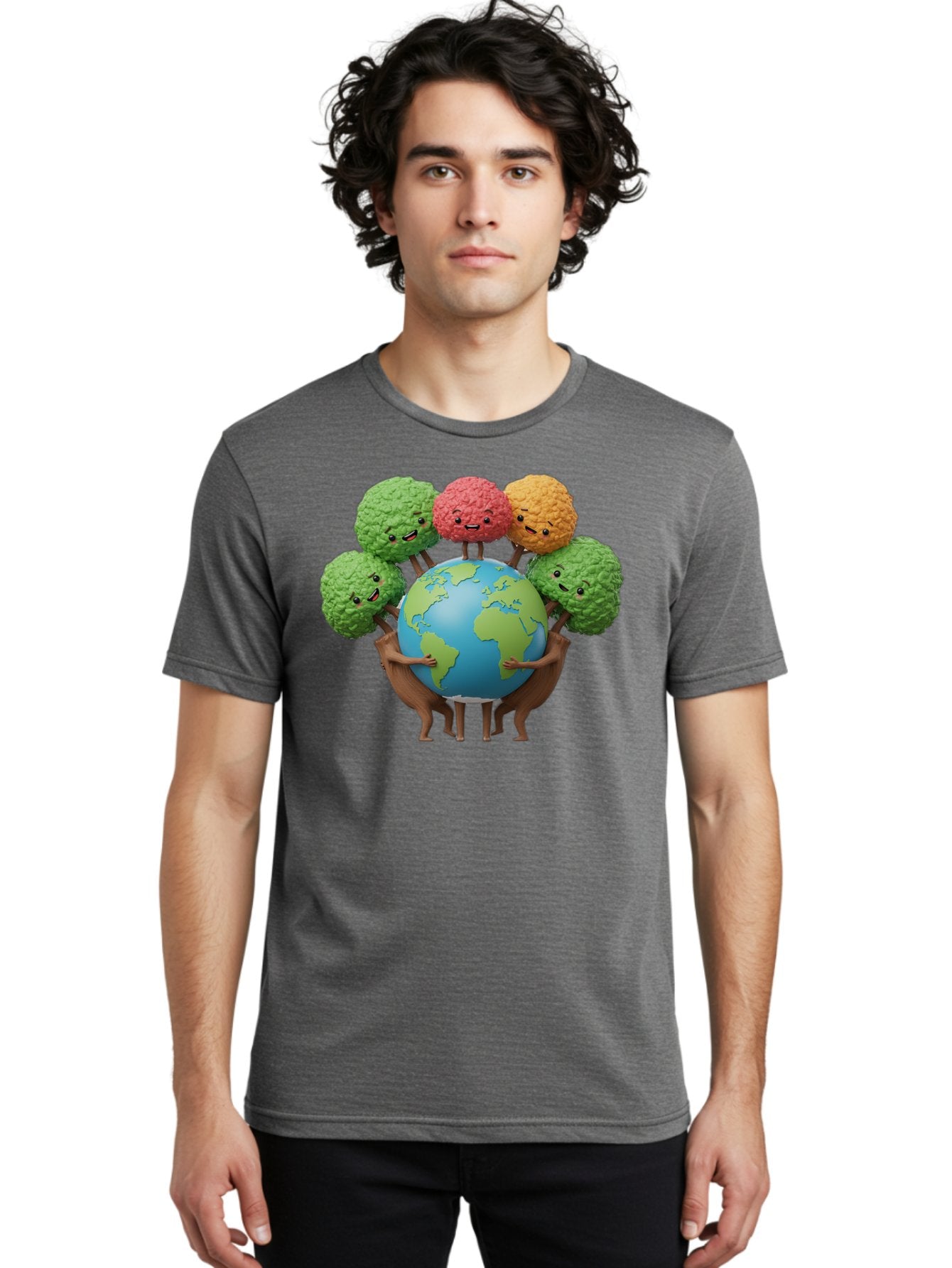 Broccoli-Earth Men'S Graphic Tee, 100% Cotton, Comfortable Casual Summer Wear, Machine Washable, Broccoli Characters, Diverse Vegetables, Happy Faces, Global Unity, Earth Support, Environmental Care, Cartoon Style, Green Earth, Varied Colors Baa235 20