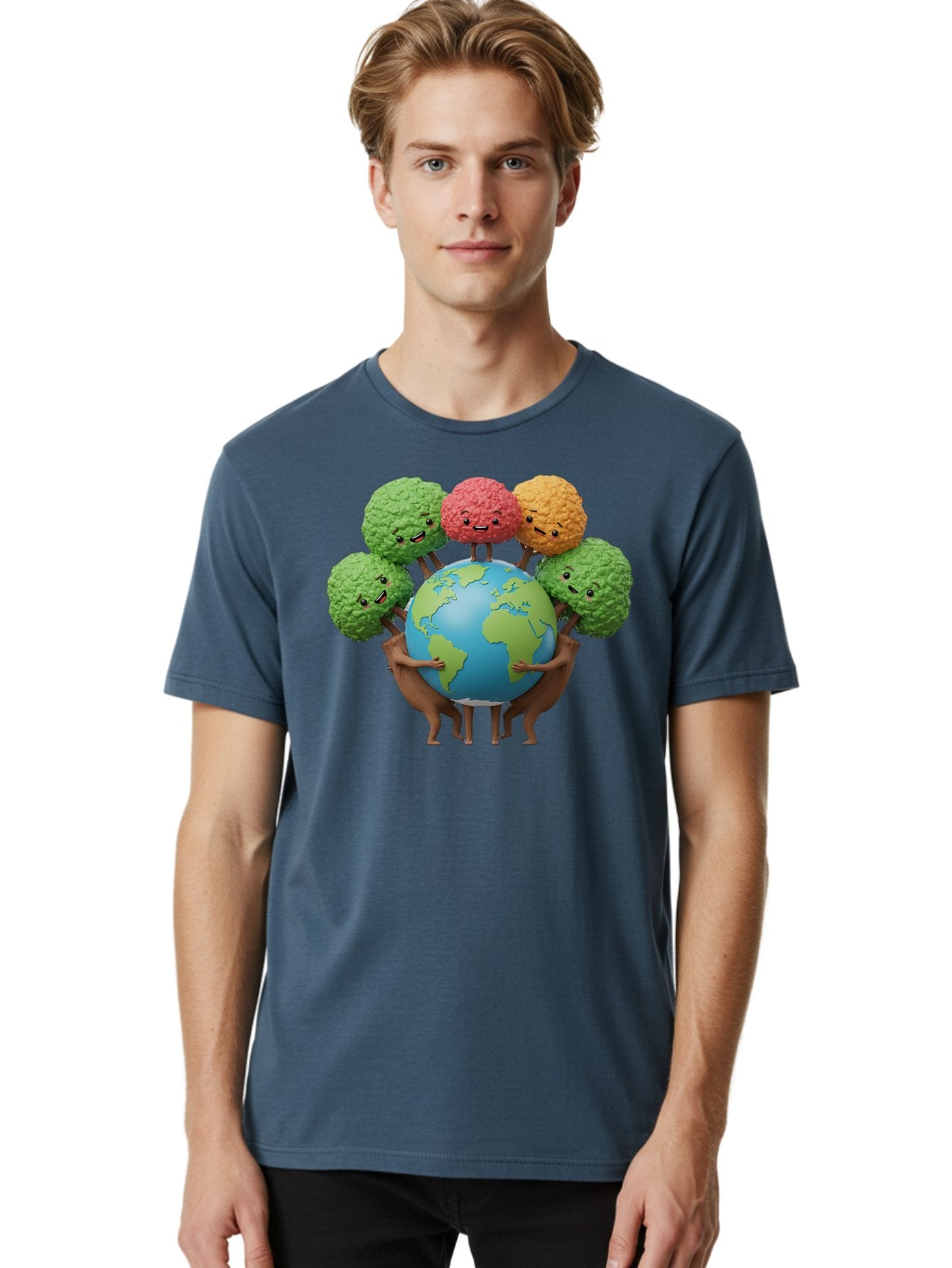 Broccoli-Earth Men'S Graphic Tee, 100% Cotton, Comfortable Casual Summer Wear, Machine Washable, Broccoli Characters, Diverse Vegetables, Happy Faces, Global Unity, Earth Support, Environmental Care, Cartoon Style, Green Earth, Varied Colors Baa235 23