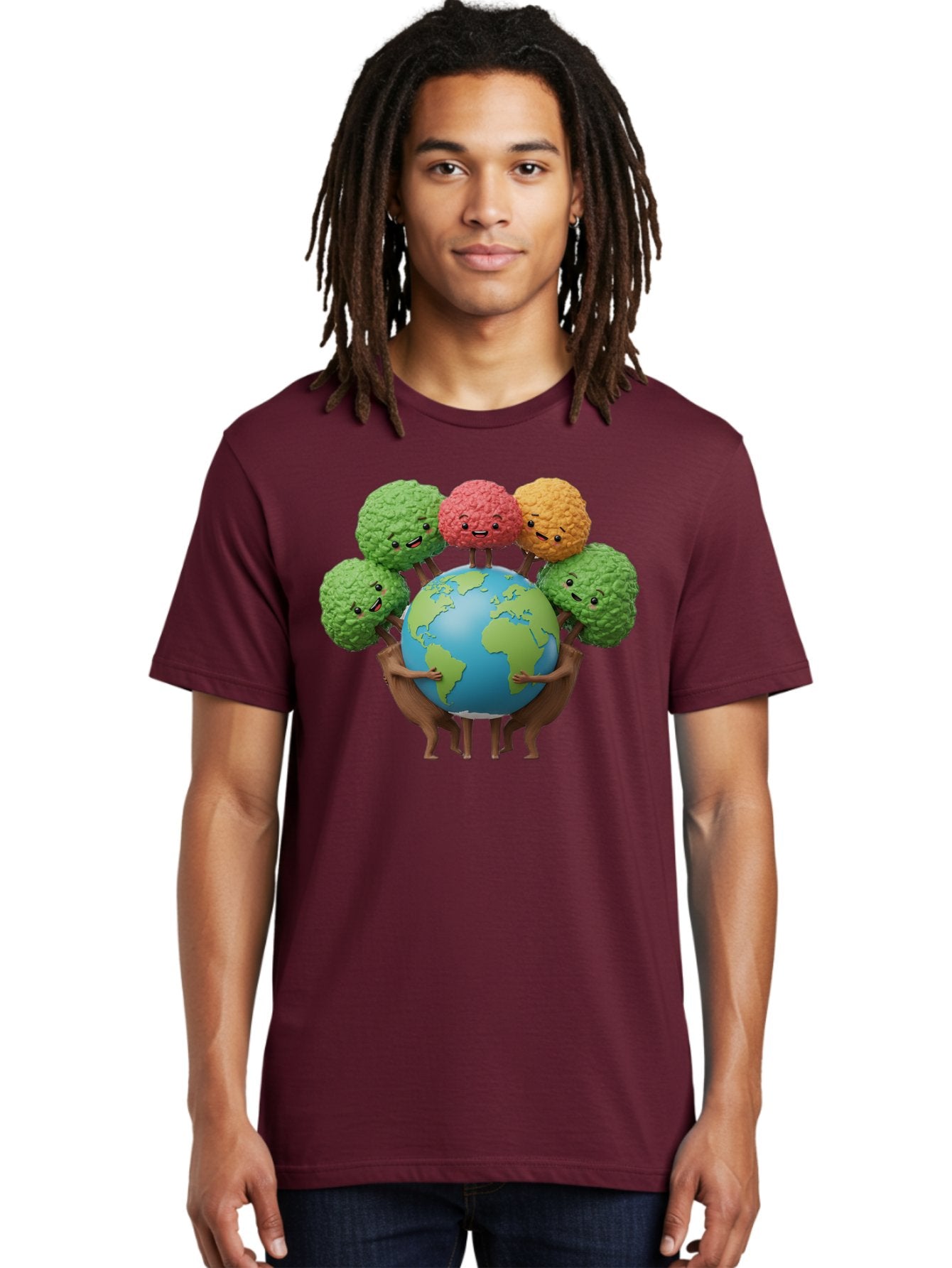 Broccoli-Earth Men'S Graphic Tee, 100% Cotton, Comfortable Casual Summer Wear, Machine Washable, Broccoli Characters, Diverse Vegetables, Happy Faces, Global Unity, Earth Support, Environmental Care, Cartoon Style, Green Earth, Varied Colors Baa235 22