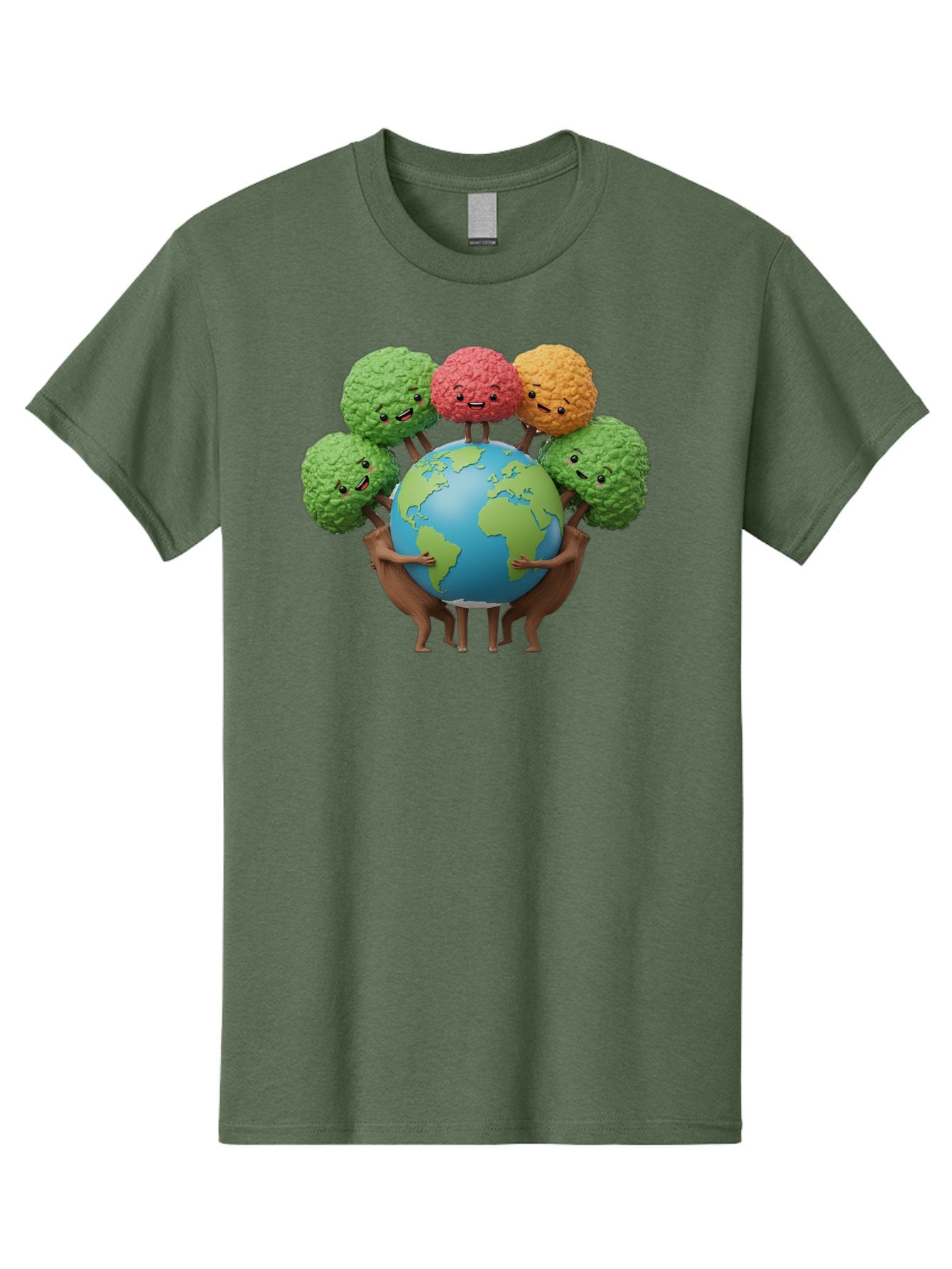 Broccoli-Earth Men'S Graphic Tee, 100% Cotton, Comfortable Casual Summer Wear, Machine Washable, Broccoli Characters, Diverse Vegetables, Happy Faces, Global Unity, Earth Support, Environmental Care, Cartoon Style, Green Earth, Varied Colors Baa235