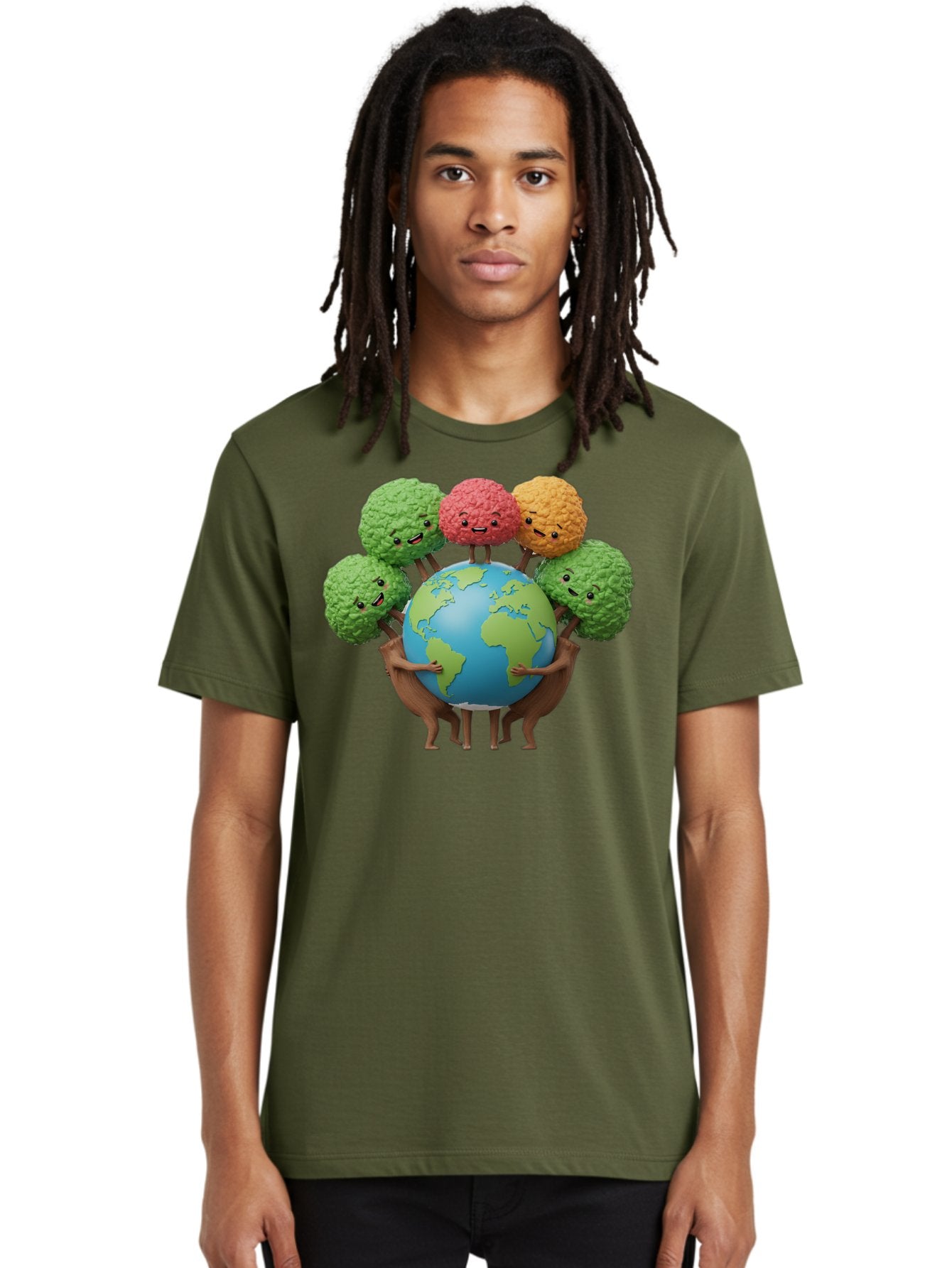 Broccoli-Earth Men'S Graphic Tee, 100% Cotton, Comfortable Casual Summer Wear, Machine Washable, Broccoli Characters, Diverse Vegetables, Happy Faces, Global Unity, Earth Support, Environmental Care, Cartoon Style, Green Earth, Varied Colors Baa235 21
