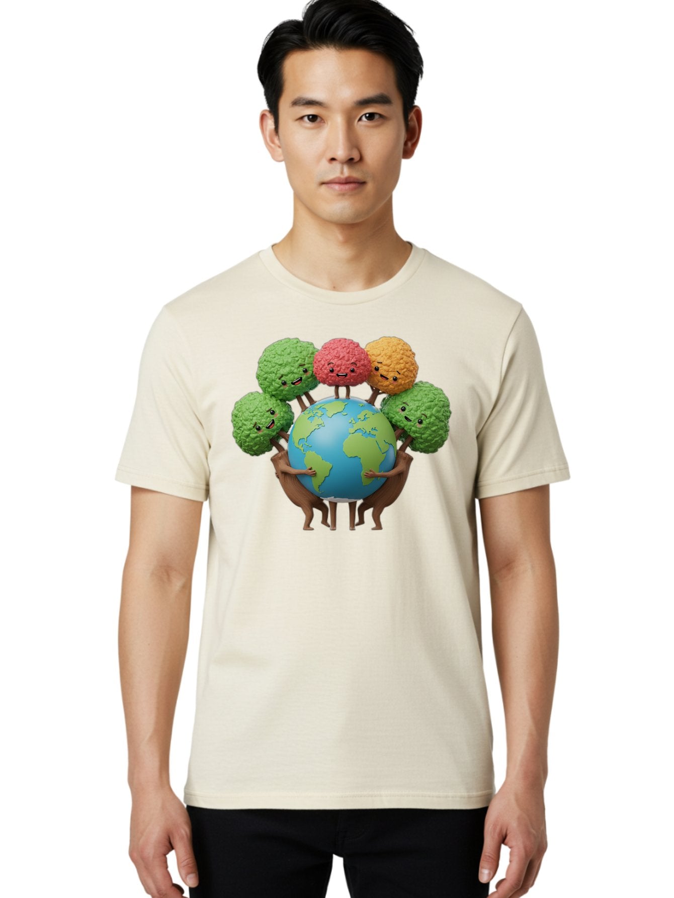 Broccoli-Earth Men'S Graphic Tee, 100% Cotton, Comfortable Casual Summer Wear, Machine Washable, Broccoli Characters, Diverse Vegetables, Happy Faces, Global Unity, Earth Support, Environmental Care, Cartoon Style, Green Earth, Varied Colors Baa235 24