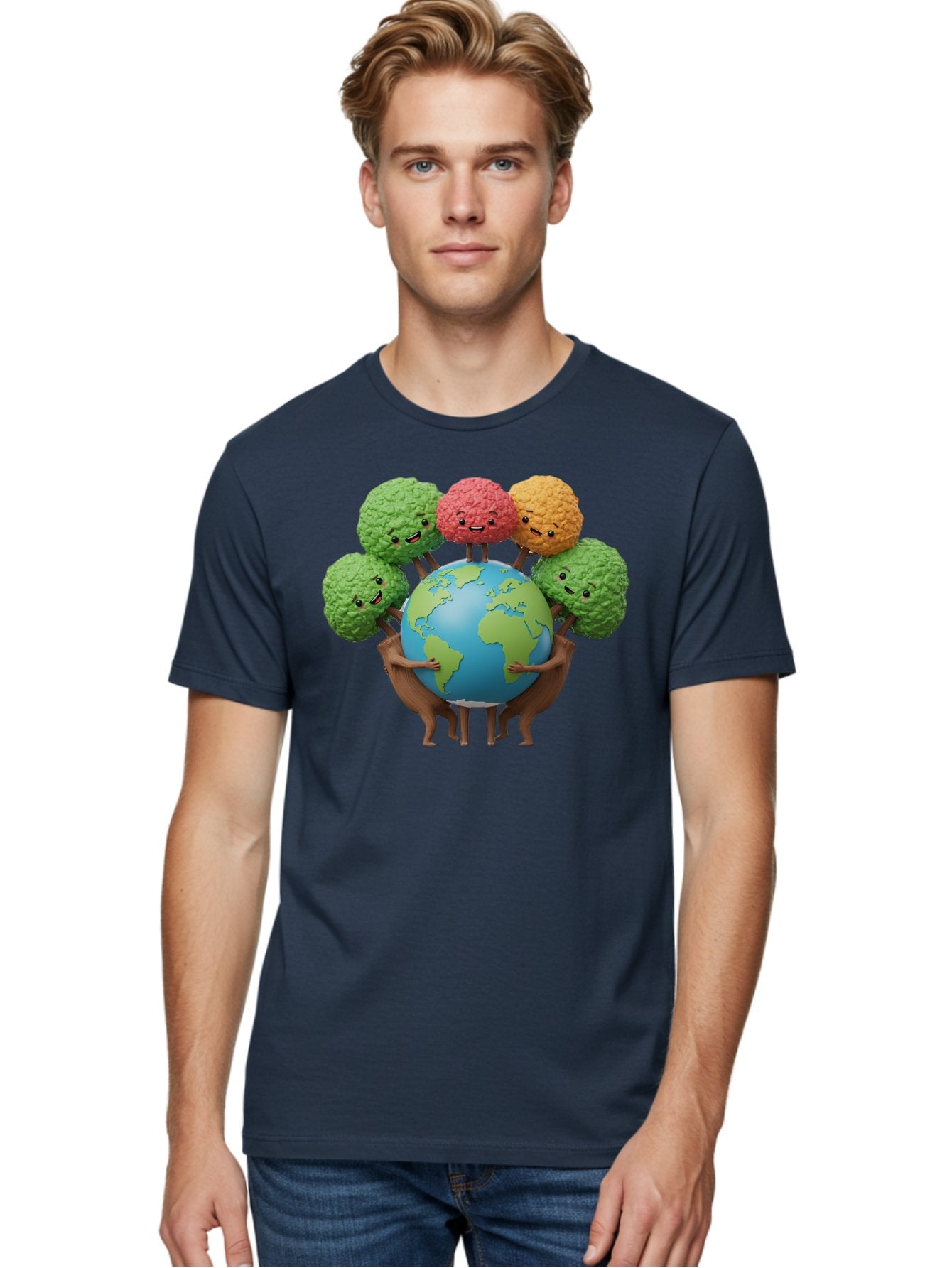 Broccoli-Earth Men'S Graphic Tee, 100% Cotton, Comfortable Casual Summer Wear, Machine Washable, Broccoli Characters, Diverse Vegetables, Happy Faces, Global Unity, Earth Support, Environmental Care, Cartoon Style, Green Earth, Varied Colors Baa235 19