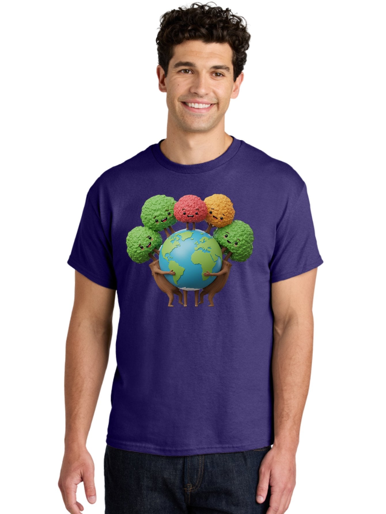 Broccoli-Earth Men'S Graphic Tee, 100% Cotton, Comfortable Casual Summer Wear, Machine Washable, Broccoli Characters, Diverse Vegetables, Happy Faces, Global Unity, Earth Support, Environmental Care, Cartoon Style, Green Earth, Varied Colors Baa235 25