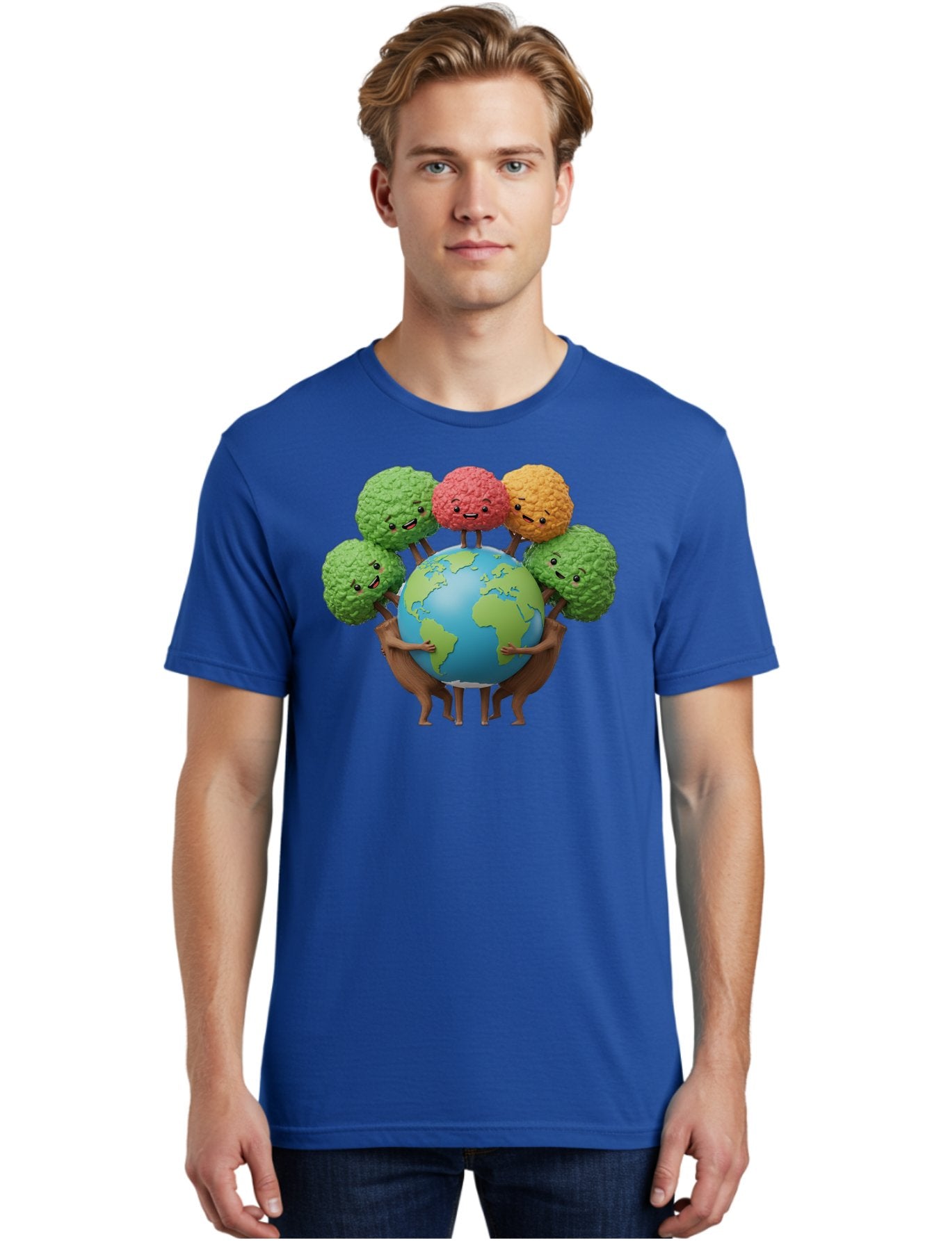 Broccoli-Earth Men'S Graphic Tee, 100% Cotton, Comfortable Casual Summer Wear, Machine Washable, Broccoli Characters, Diverse Vegetables, Happy Faces, Global Unity, Earth Support, Environmental Care, Cartoon Style, Green Earth, Varied Colors Baa235 26
