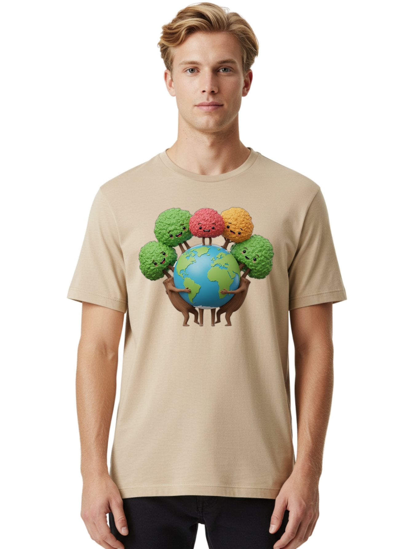 Broccoli-Earth Men'S Graphic Tee, 100% Cotton, Comfortable Casual Summer Wear, Machine Washable, Broccoli Characters, Diverse Vegetables, Happy Faces, Global Unity, Earth Support, Environmental Care, Cartoon Style, Green Earth, Varied Colors Baa235 29