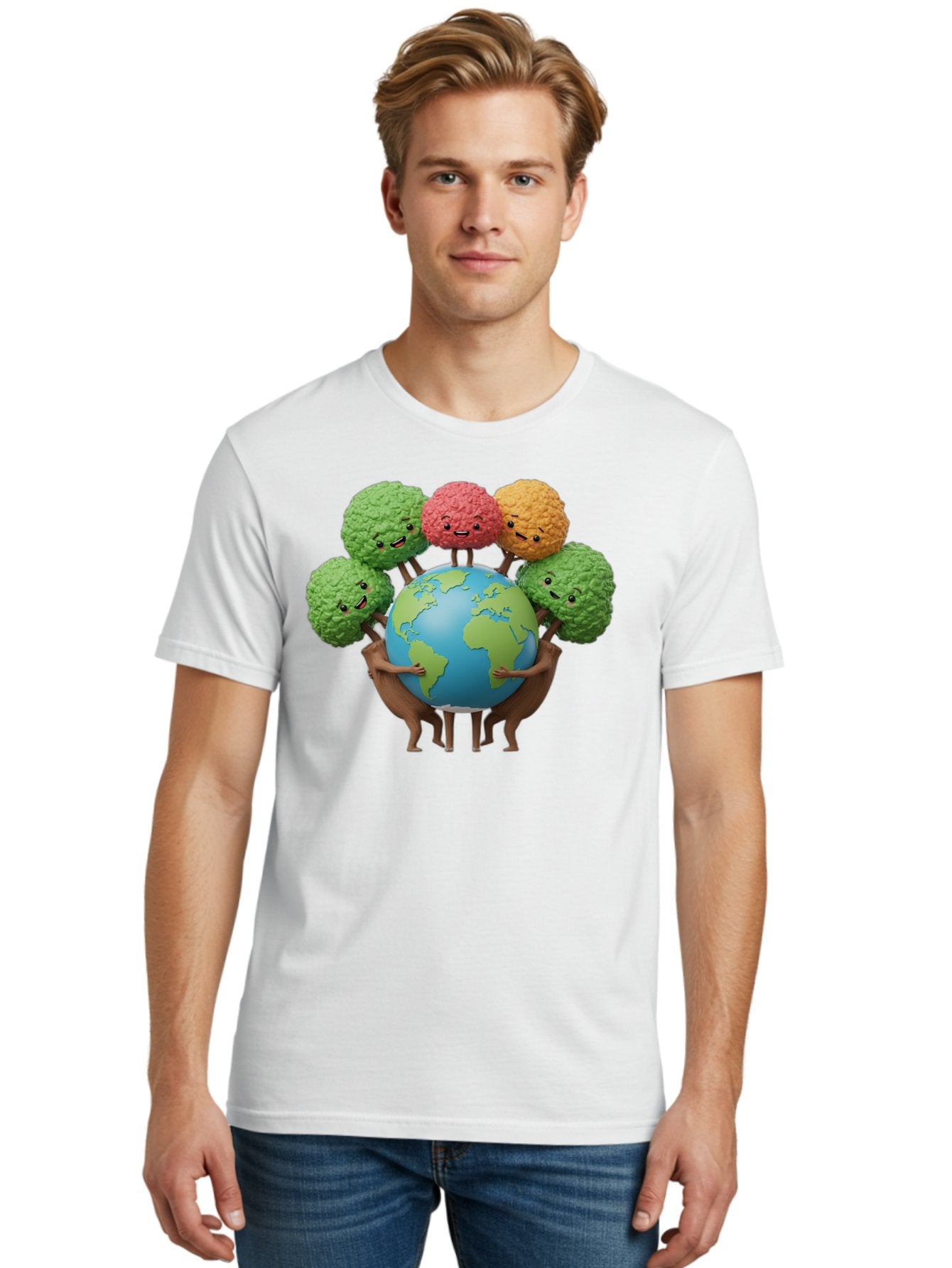 Broccoli-Earth Men'S Graphic Tee, 100% Cotton, Comfortable Casual Summer Wear, Machine Washable, Broccoli Characters, Diverse Vegetables, Happy Faces, Global Unity, Earth Support, Environmental Care, Cartoon Style, Green Earth, Varied Colors Baa235 30