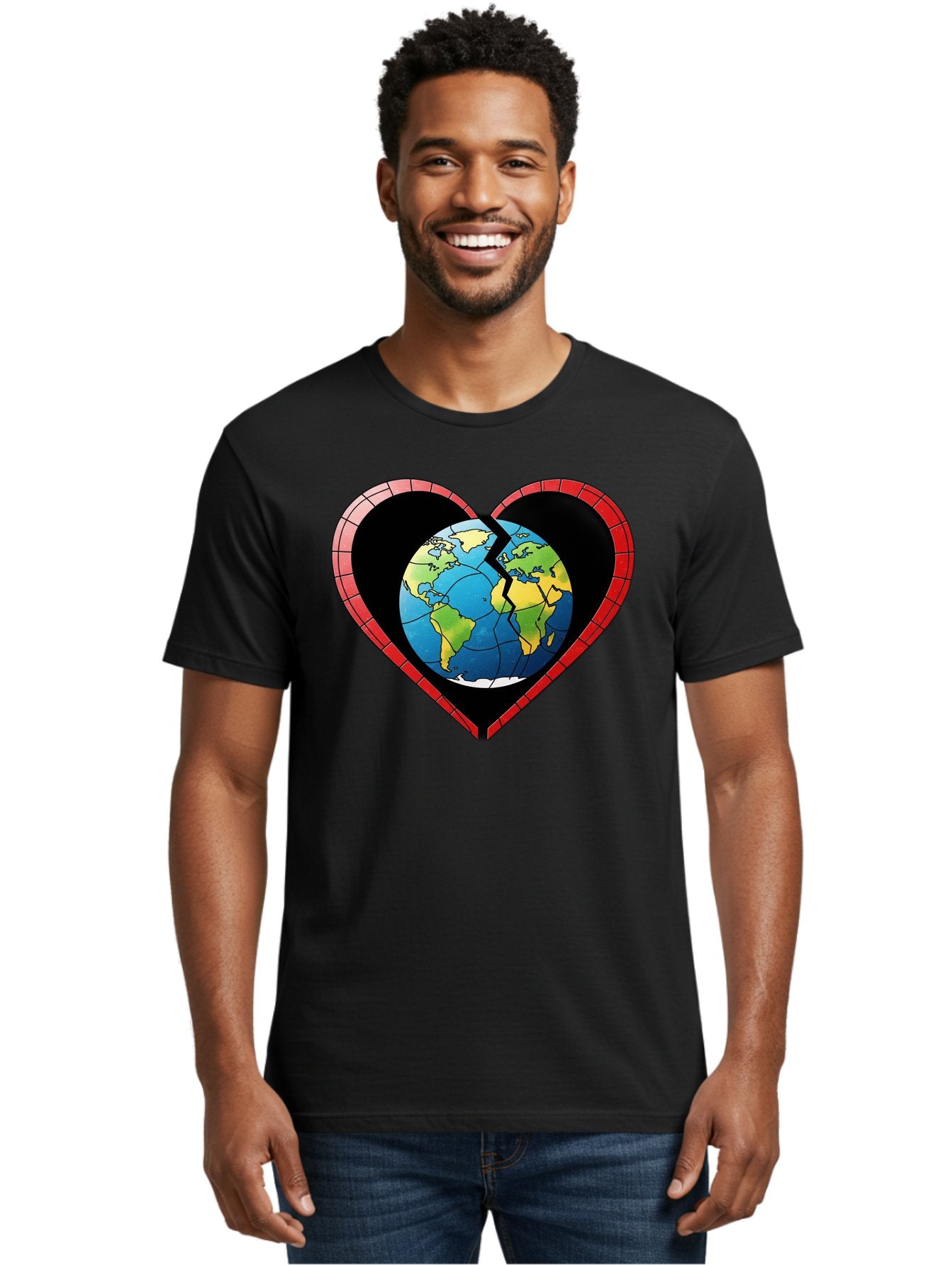 Broken-Heart-Earth Men'S Graphic Tee, 100% Cotton, Comfortable Casual Summer Wear, Machine Washable, Heart-Shaped Earth, Broken Earth, Fractured Globe, Cracked Heart, World Map, Earth Love, Environmental Concern, Global Unity Baa237 17