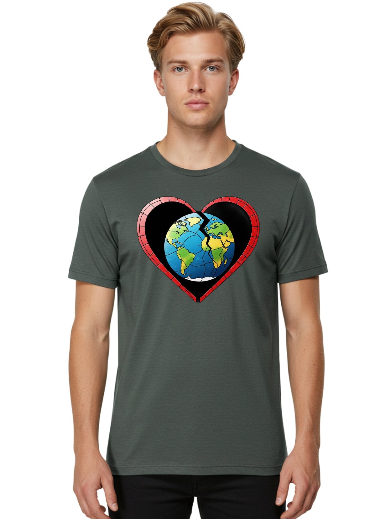 Broken-Heart-Earth Men'S Graphic Tee, 100% Cotton, Comfortable Casual Summer Wear, Machine Washable, Heart-Shaped Earth, Broken Earth, Fractured Globe, Cracked Heart, World Map, Earth Love, Environmental Concern, Global Unity Baa237 26