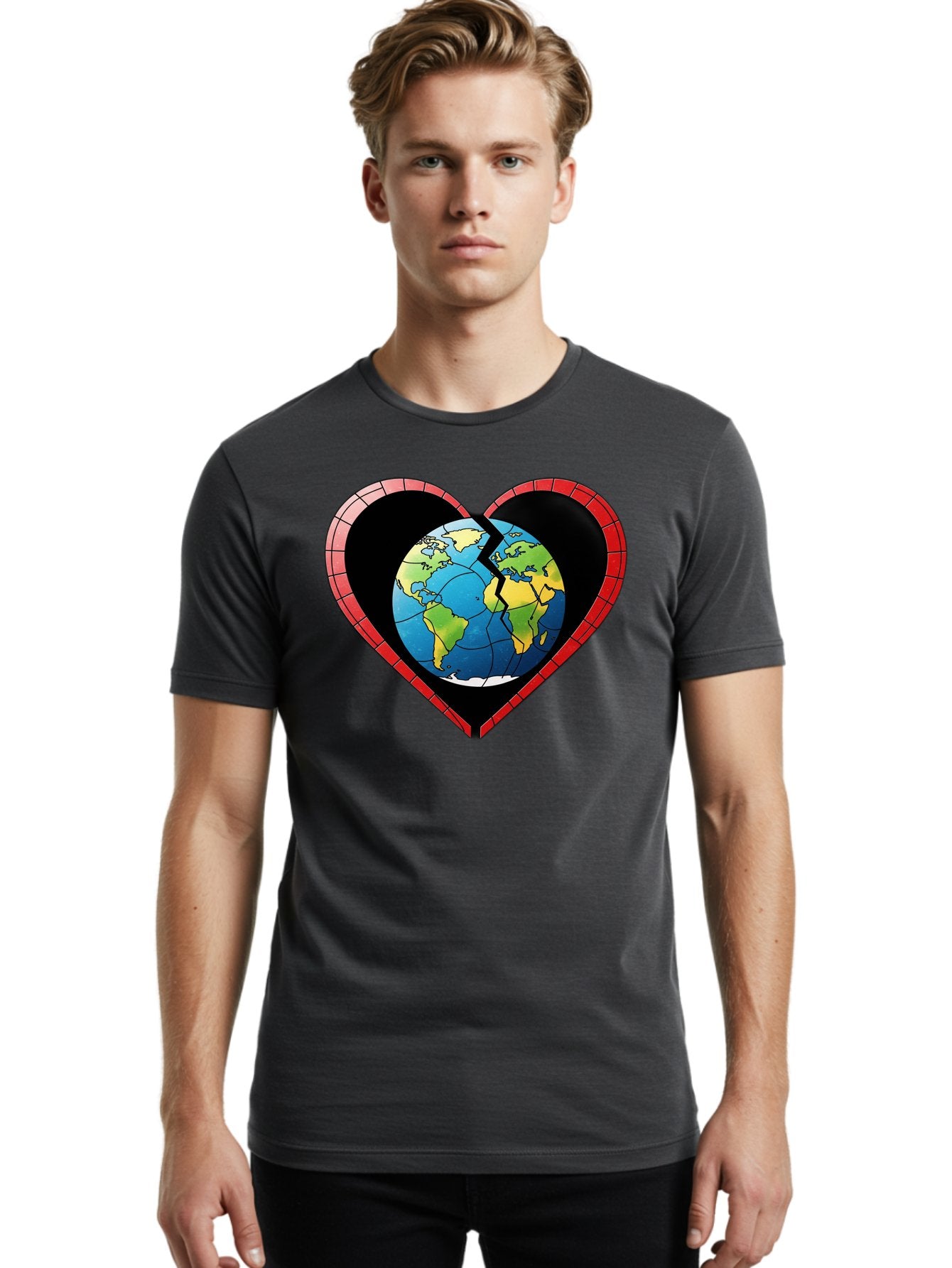 Broken-Heart-Earth Men'S Graphic Tee, 100% Cotton, Comfortable Casual Summer Wear, Machine Washable, Heart-Shaped Earth, Broken Earth, Fractured Globe, Cracked Heart, World Map, Earth Love, Environmental Concern, Global Unity Baa237 25