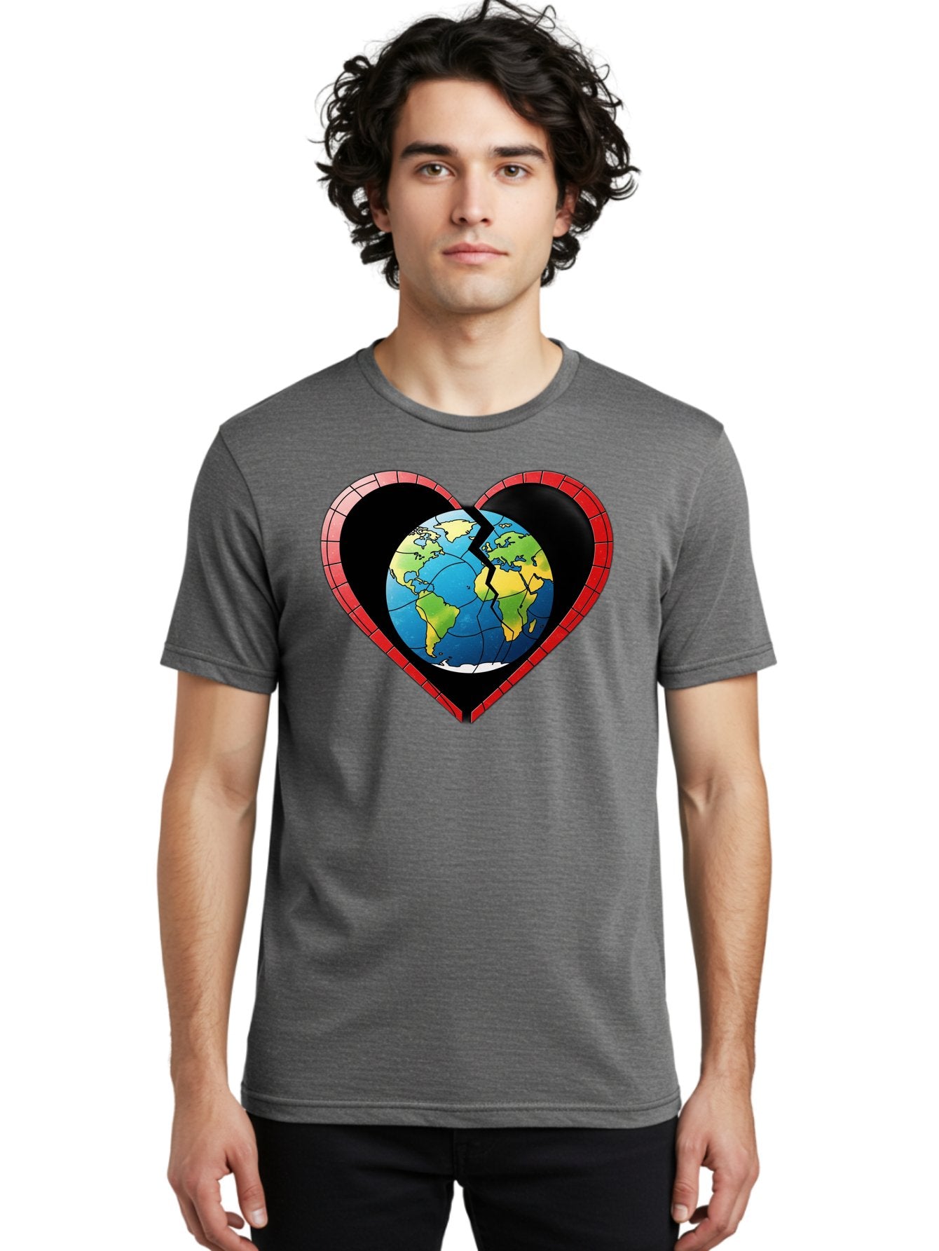 Broken-Heart-Earth Men'S Graphic Tee, 100% Cotton, Comfortable Casual Summer Wear, Machine Washable, Heart-Shaped Earth, Broken Earth, Fractured Globe, Cracked Heart, World Map, Earth Love, Environmental Concern, Global Unity Baa237 21