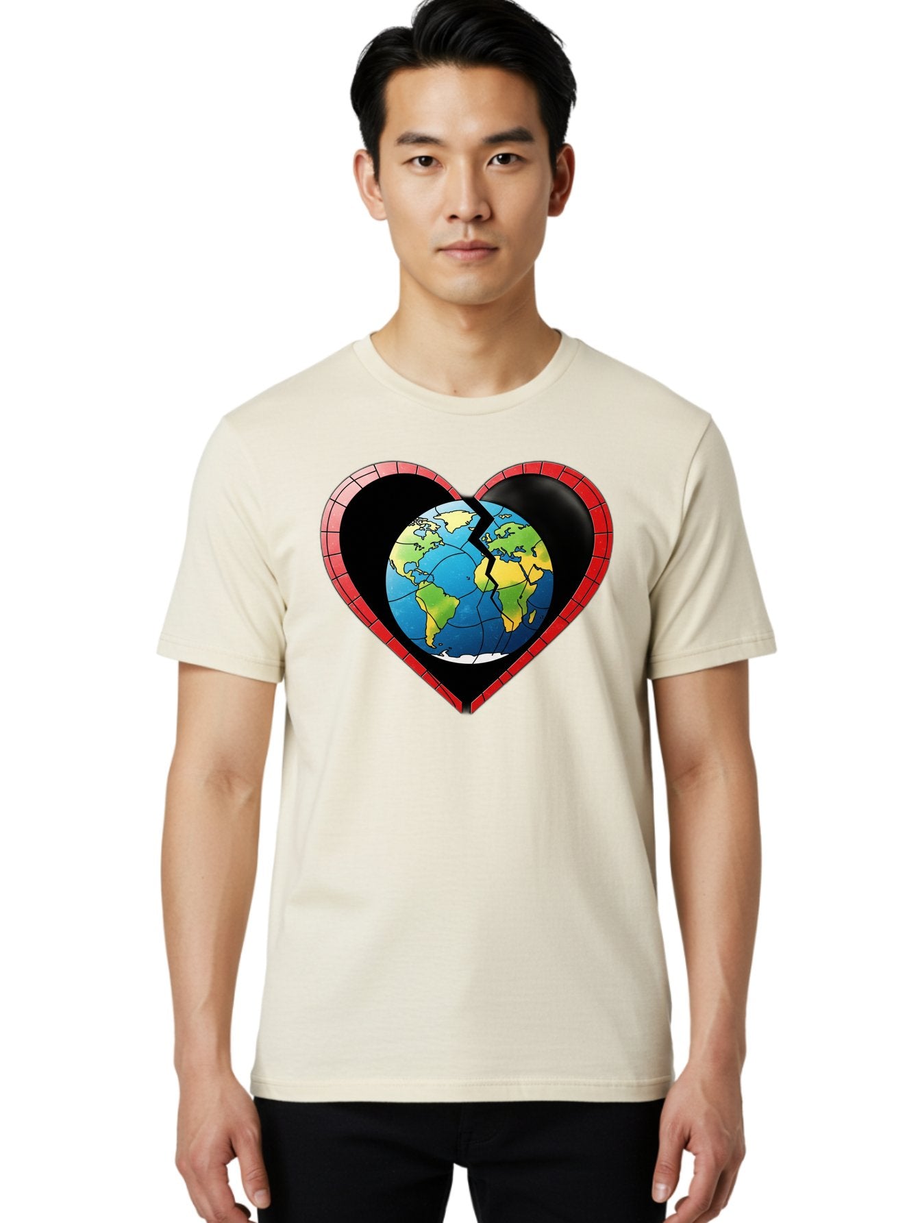 Broken-Heart-Earth Men'S Graphic Tee, 100% Cotton, Comfortable Casual Summer Wear, Machine Washable, Heart-Shaped Earth, Broken Earth, Fractured Globe, Cracked Heart, World Map, Earth Love, Environmental Concern, Global Unity Baa237 23