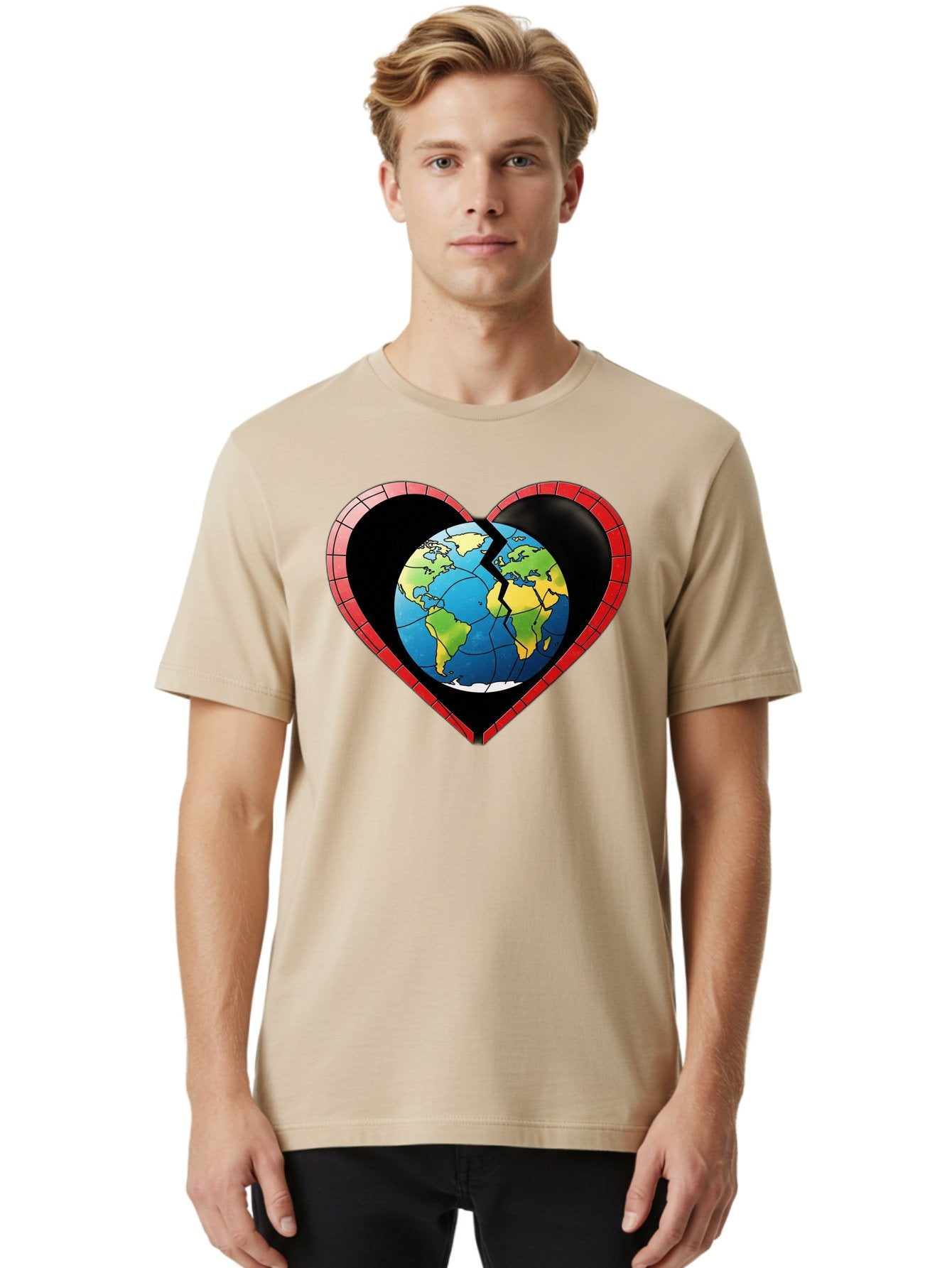 Broken-Heart-Earth Men'S Graphic Tee, 100% Cotton, Comfortable Casual Summer Wear, Machine Washable, Heart-Shaped Earth, Broken Earth, Fractured Globe, Cracked Heart, World Map, Earth Love, Environmental Concern, Global Unity Baa237 16