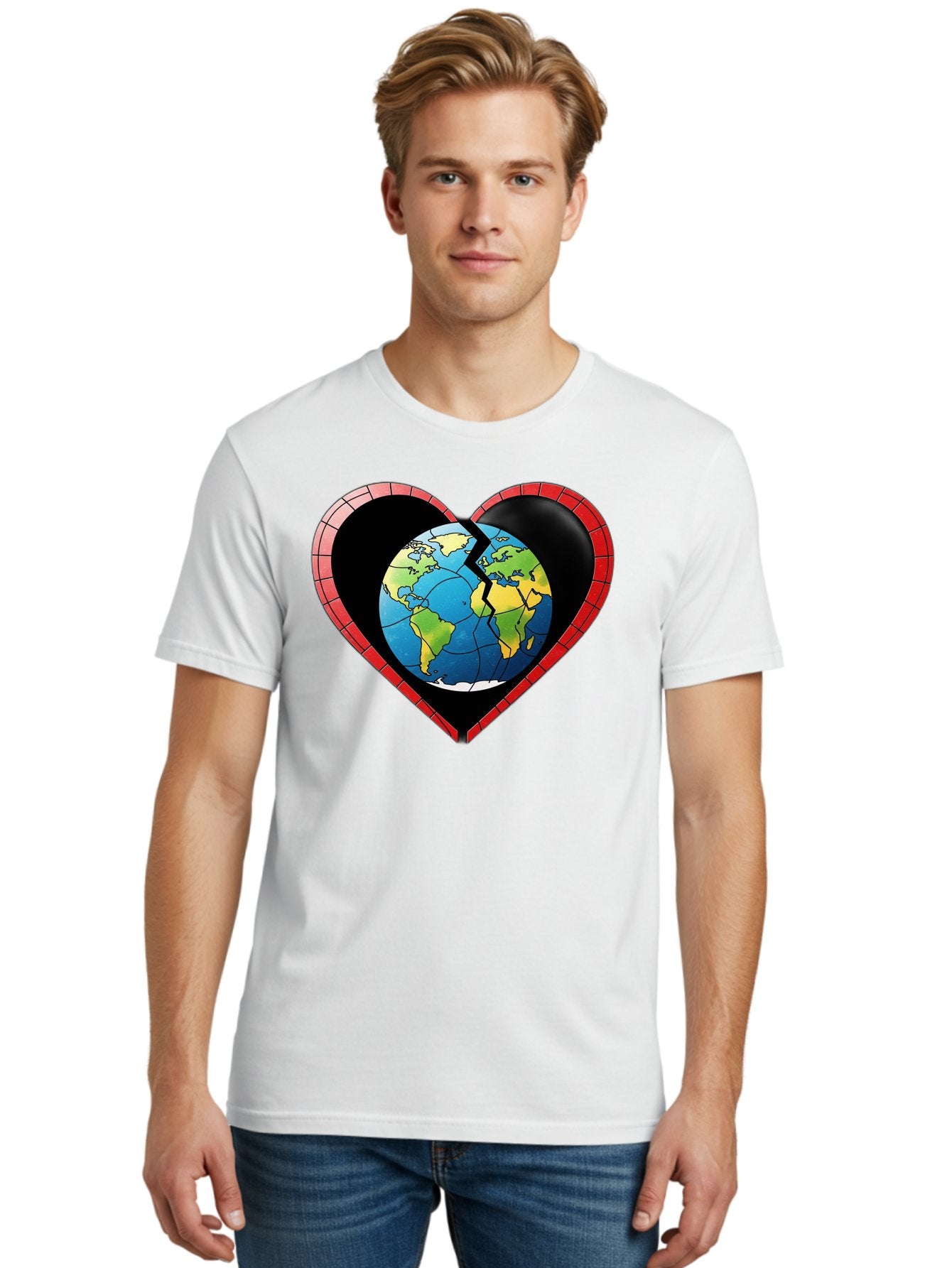 Broken-Heart-Earth Men'S Graphic Tee, 100% Cotton, Comfortable Casual Summer Wear, Machine Washable, Heart-Shaped Earth, Broken Earth, Fractured Globe, Cracked Heart, World Map, Earth Love, Environmental Concern, Global Unity Baa237 29