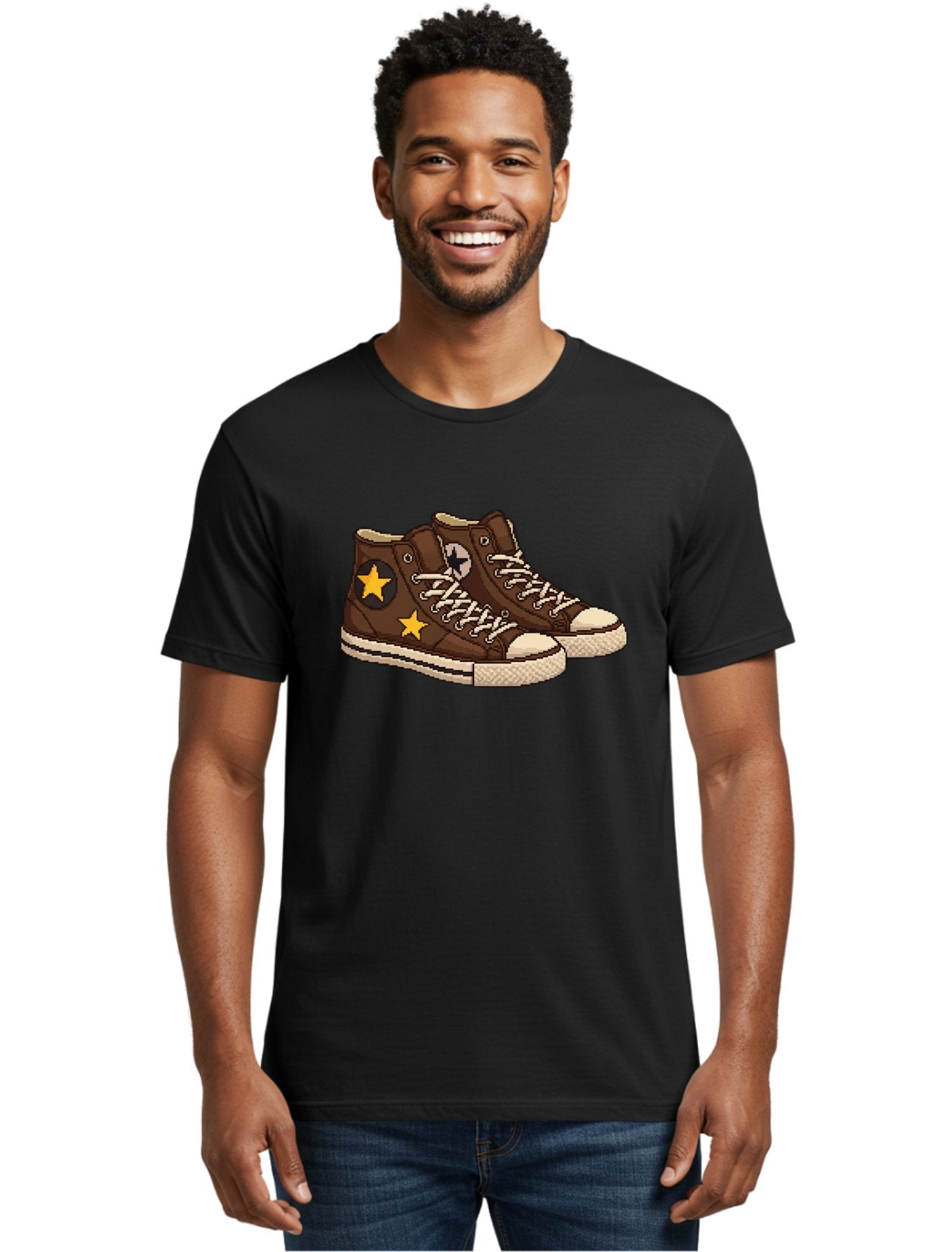 Brown-Converse Men'S Graphic Tee, 100% Cotton, Comfortable Casual Summer Wear, Machine Washable, Brown Converse Shoes, High-Top Sneakers, Yellow Stars, White Laces, Casual Footwear, Streetwear Fashion, Skateboarding Shoes, Comfortable Kicks Baa239 24